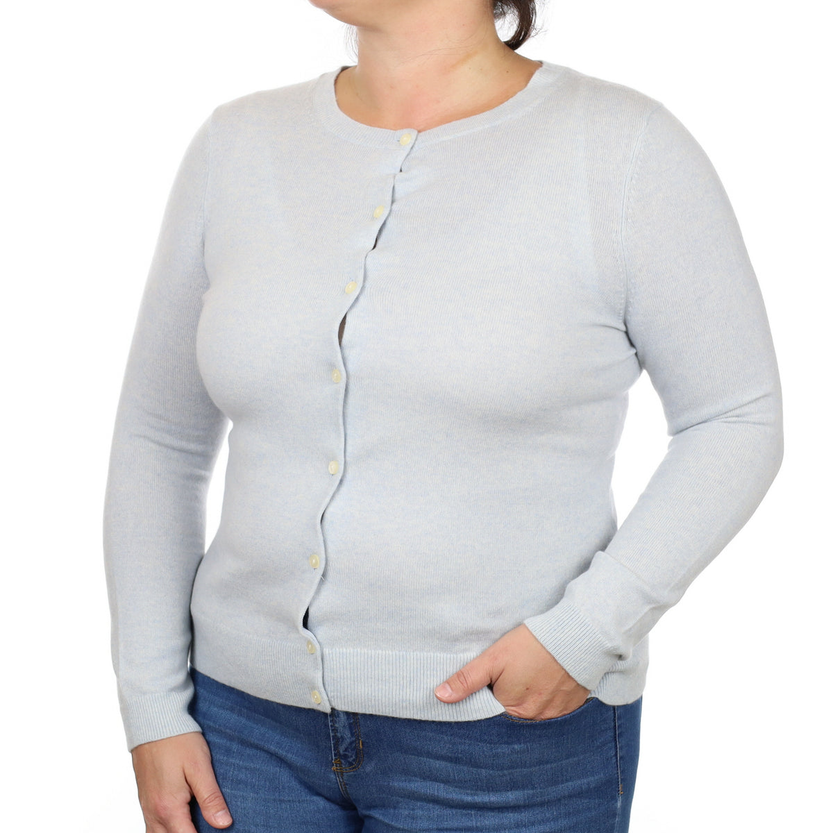 Ice Blue Marl Cashmere Crew Neck Cardigan Large