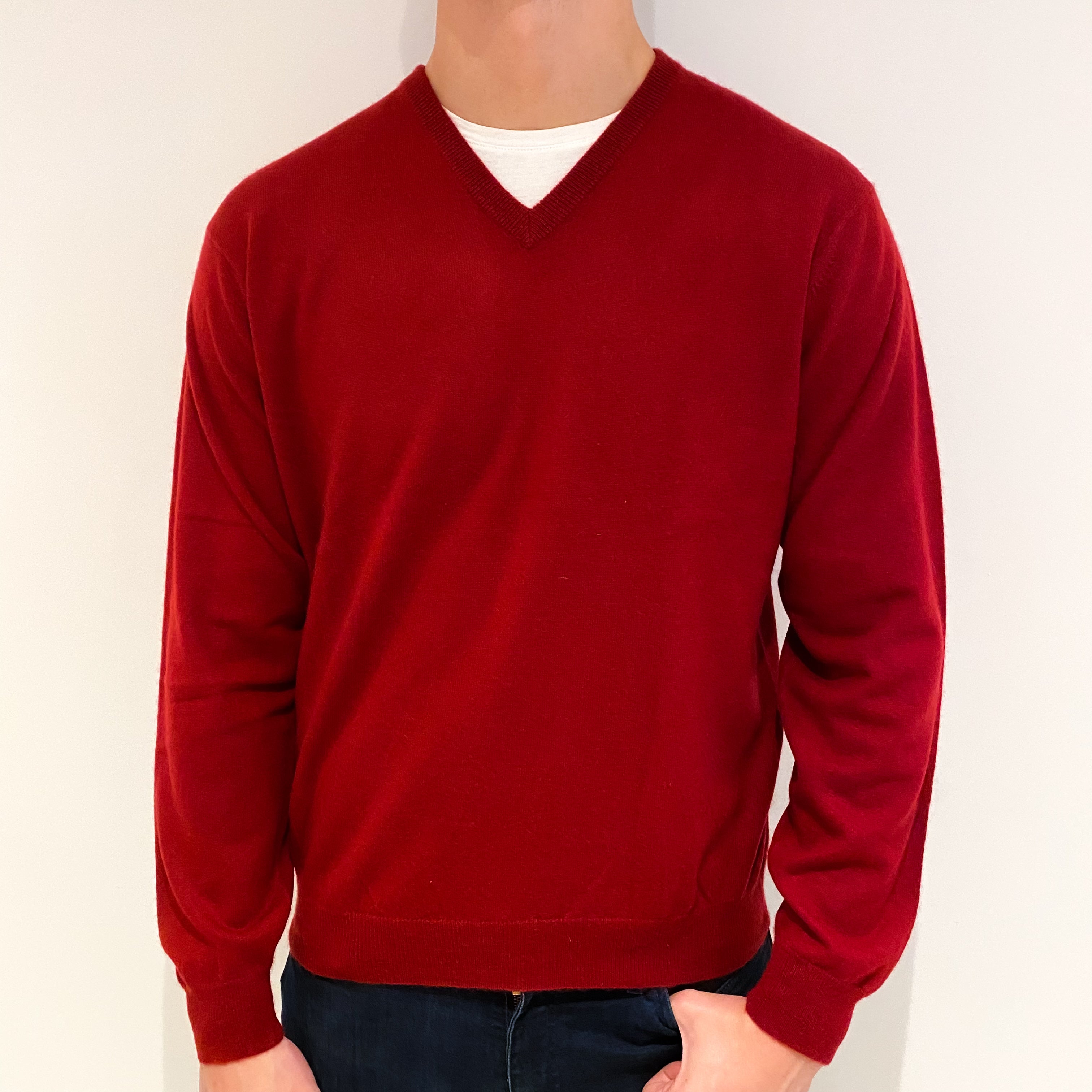 Men's Crimson Red Cashmere V-Neck Jumper Extra Large