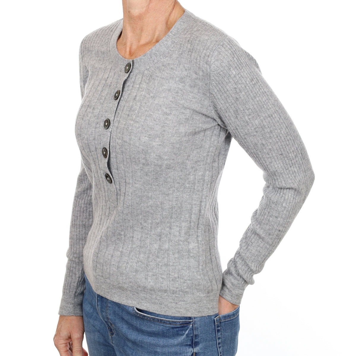 New Smoke Grey Cashmere 1/4 Button Crew Neck Small