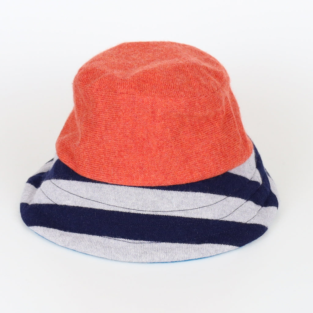 Orange with Navy Stripe Reversible Cashmere Bucket Hat Medium