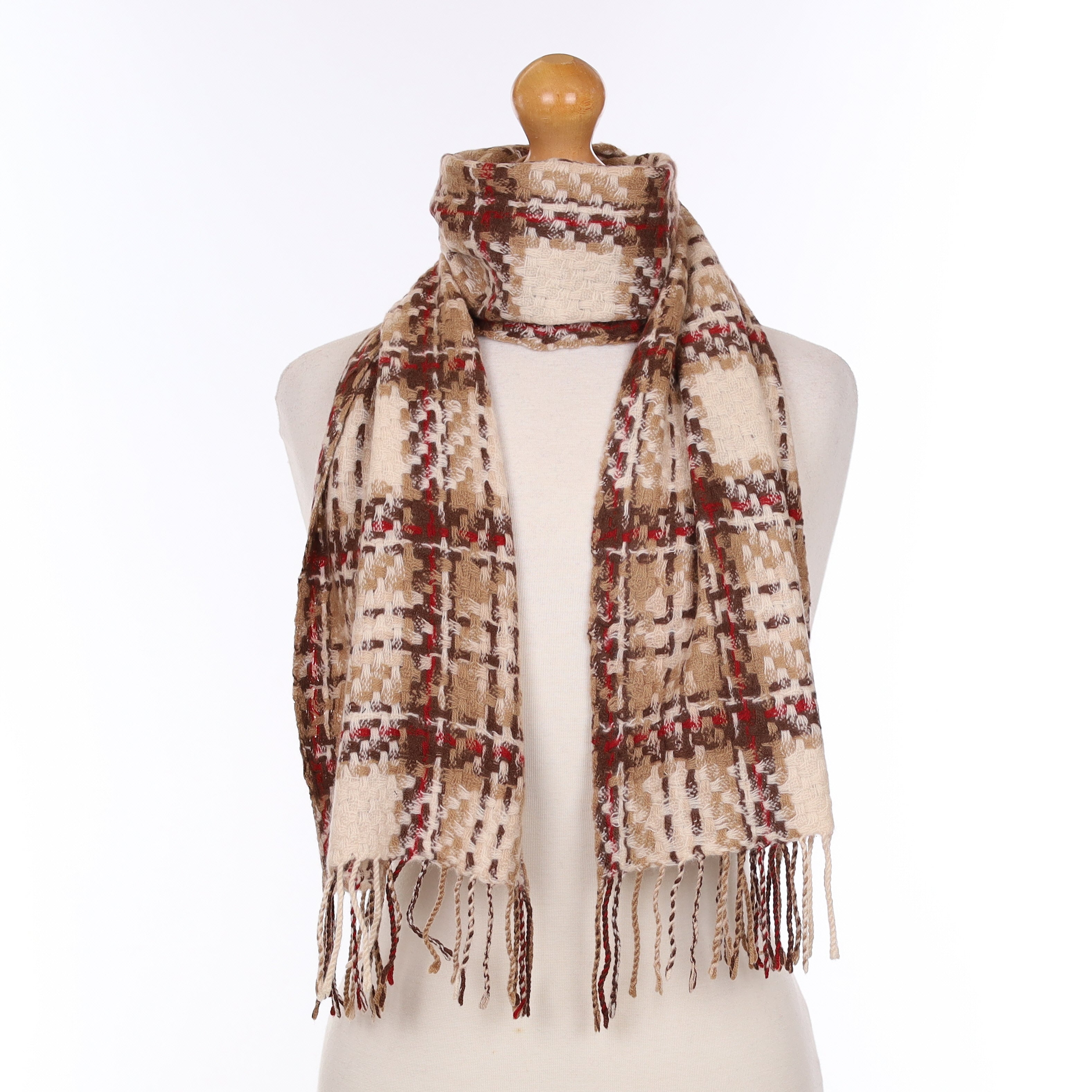 Beige And Red Checked Cashmere Woven Scarf
