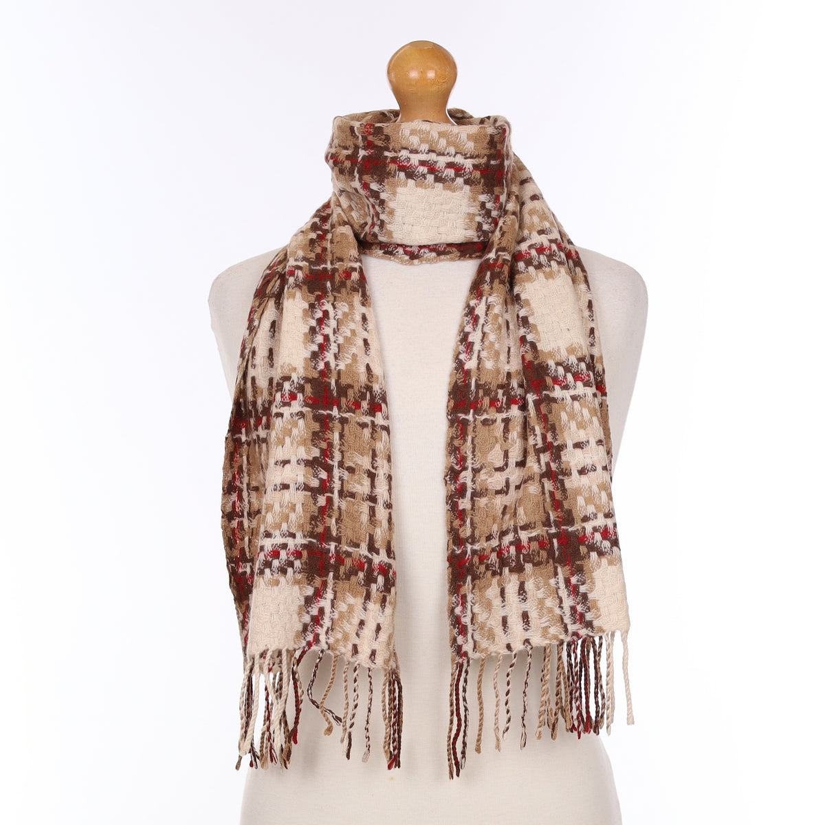 Beige And Red Checked Cashmere Woven Scarf