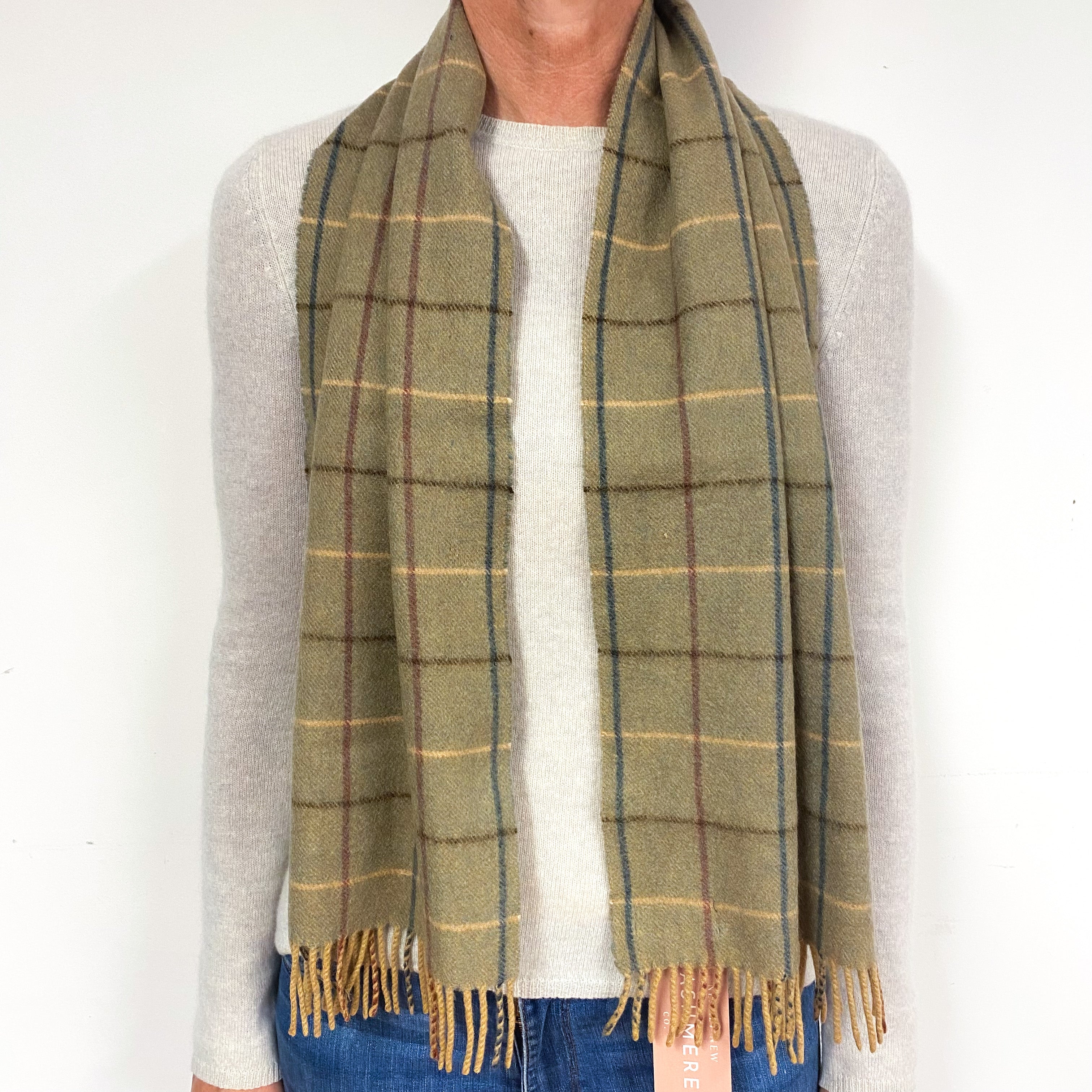 Sage Tartan Fringed Cashmere Woven Scarf