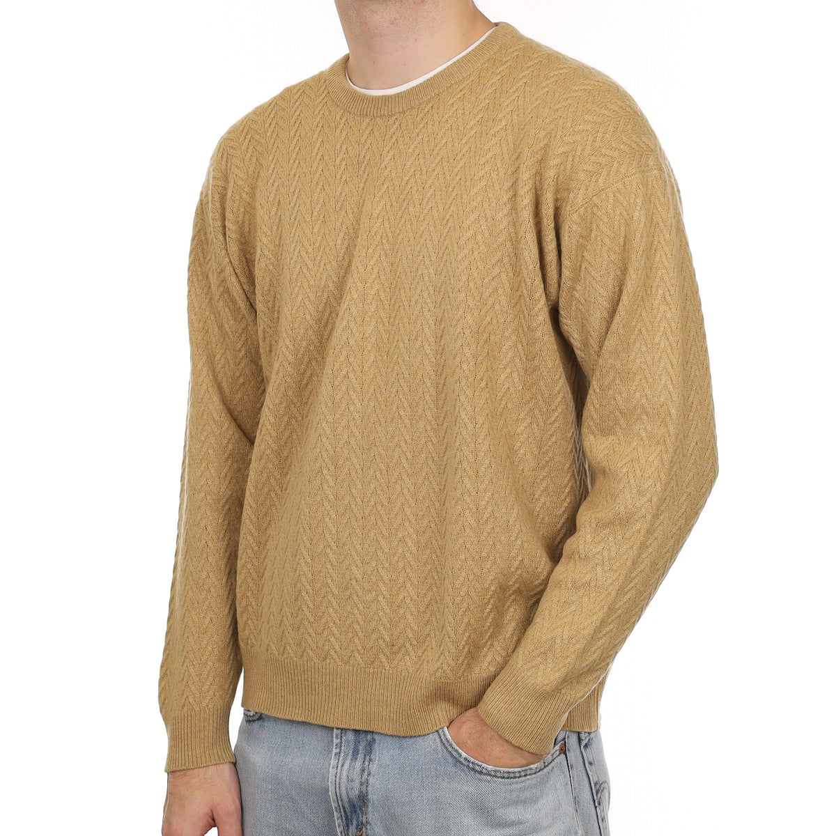 Men's Scottish Caramel Fancy Knit Cashmere Crew Neck Jumper Large