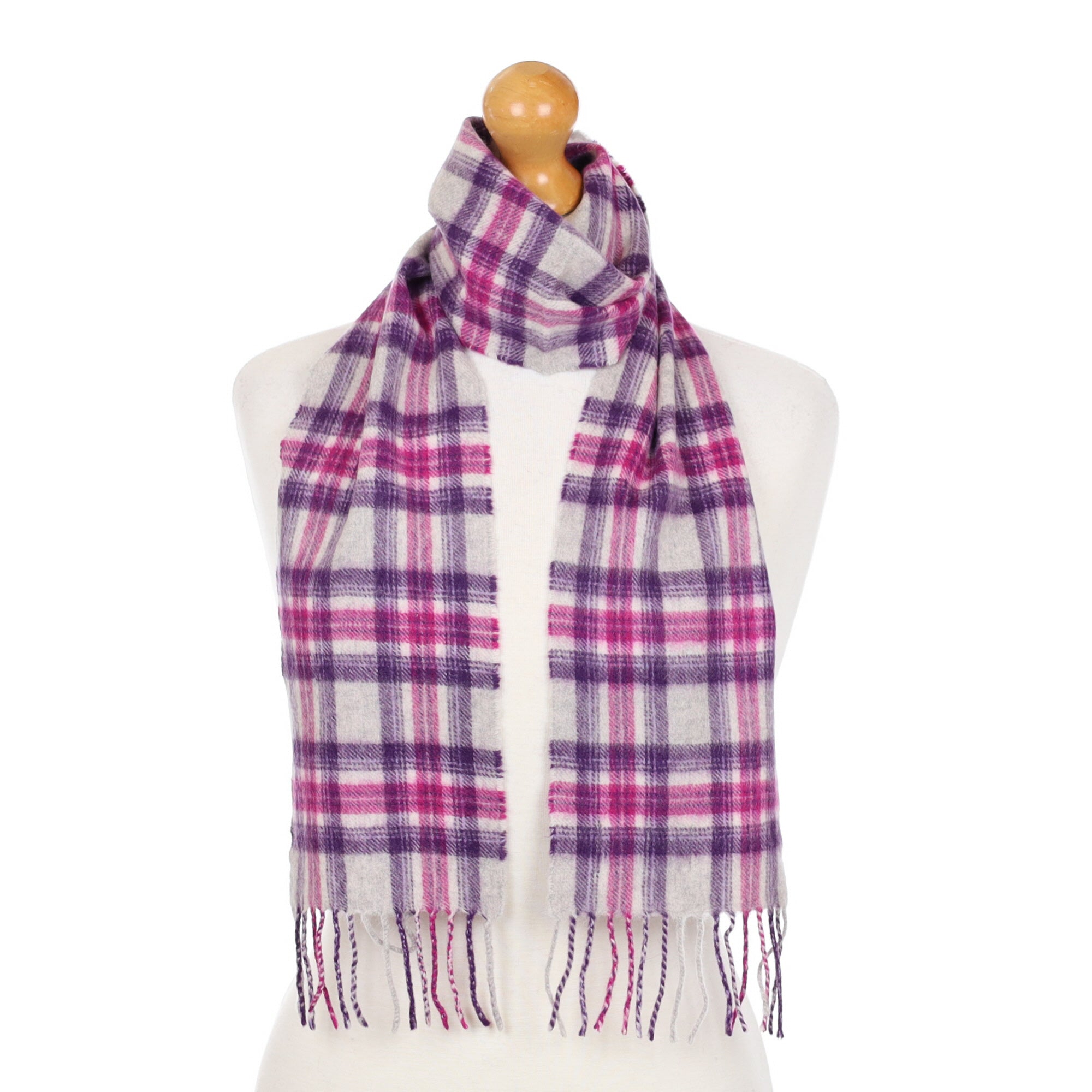 Magenta and Purple Check Cashmere Fringed Woven Scarf