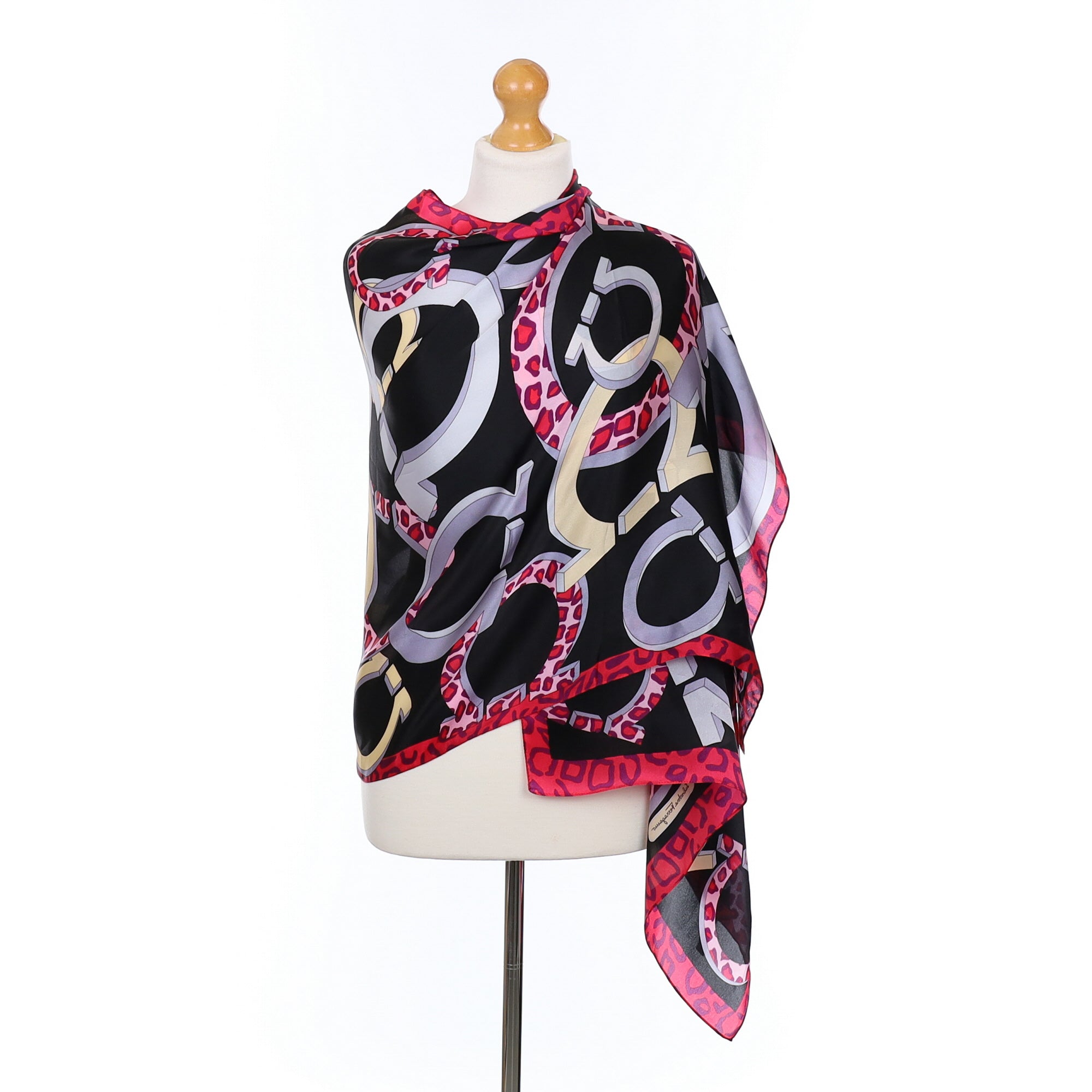 Salvatore Ferragamo Black and Pink Patterned Silk Scarf