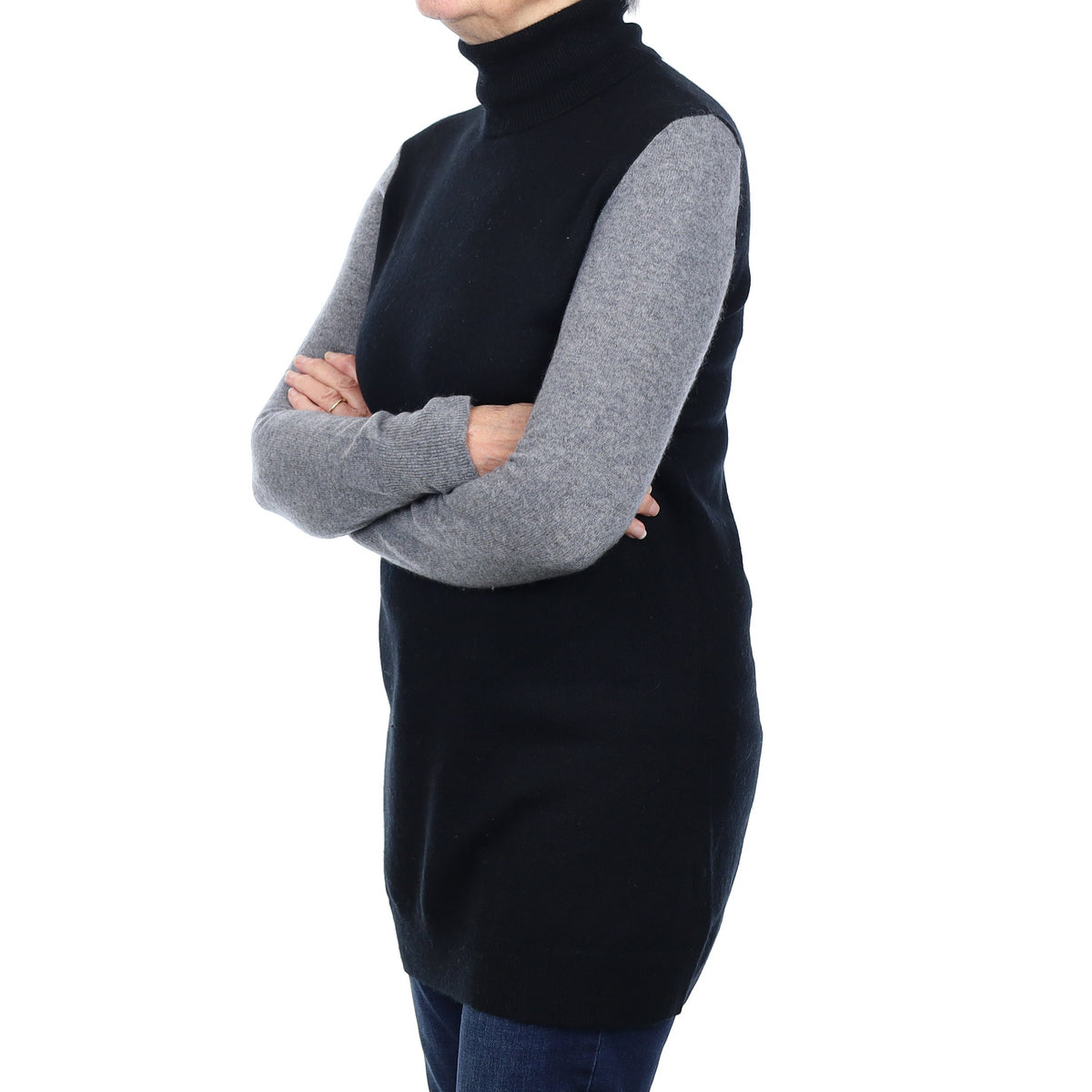 Black and Grey Cashmere Polo Neck Tunic Medium
