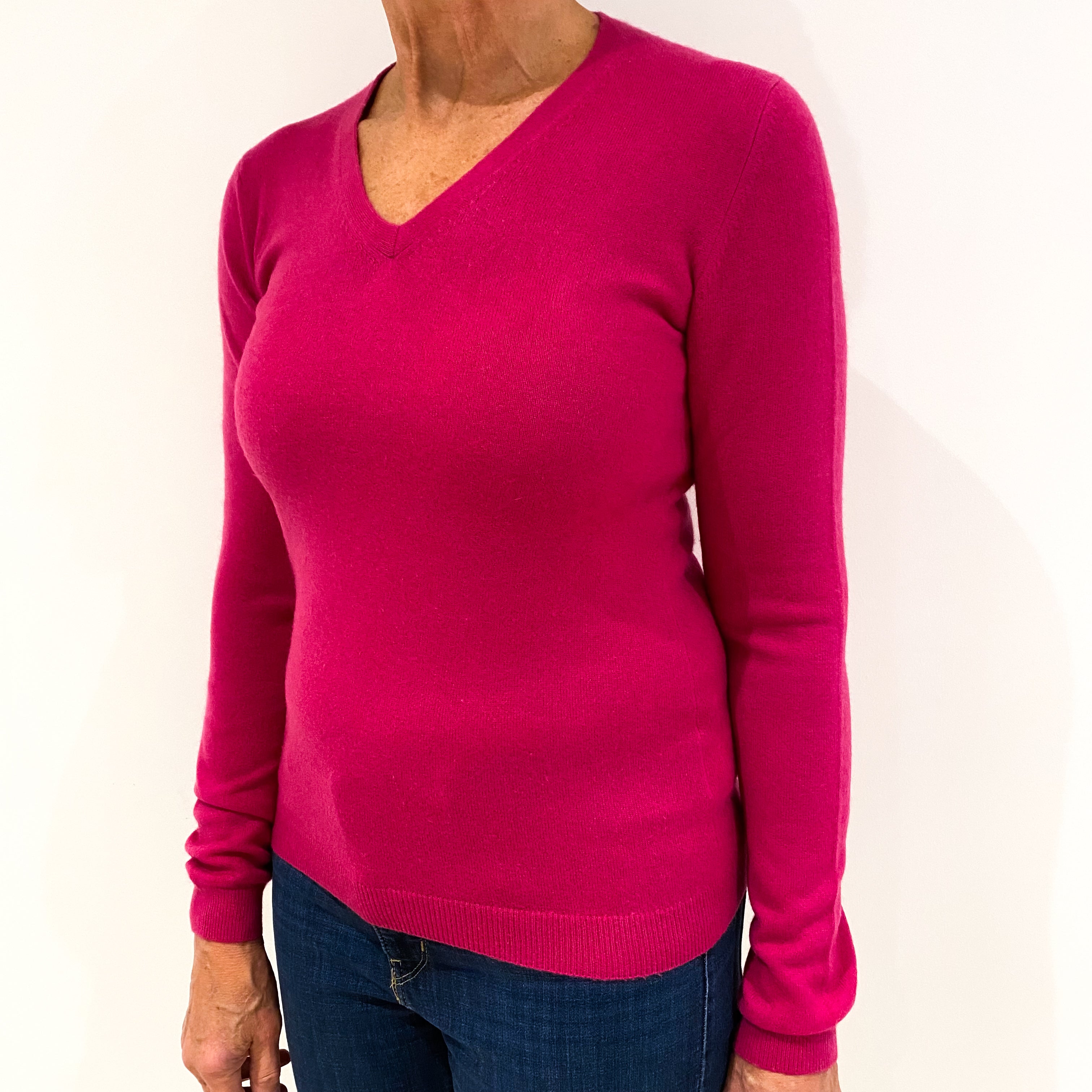 Fuchsia Pink Cashmere V-Neck Jumper Medium