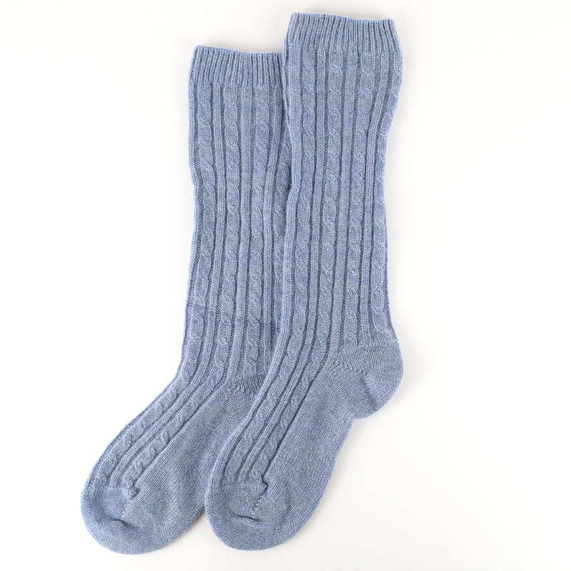 New Scottish Denim Blue Cable Cashmere Bed Socks Long