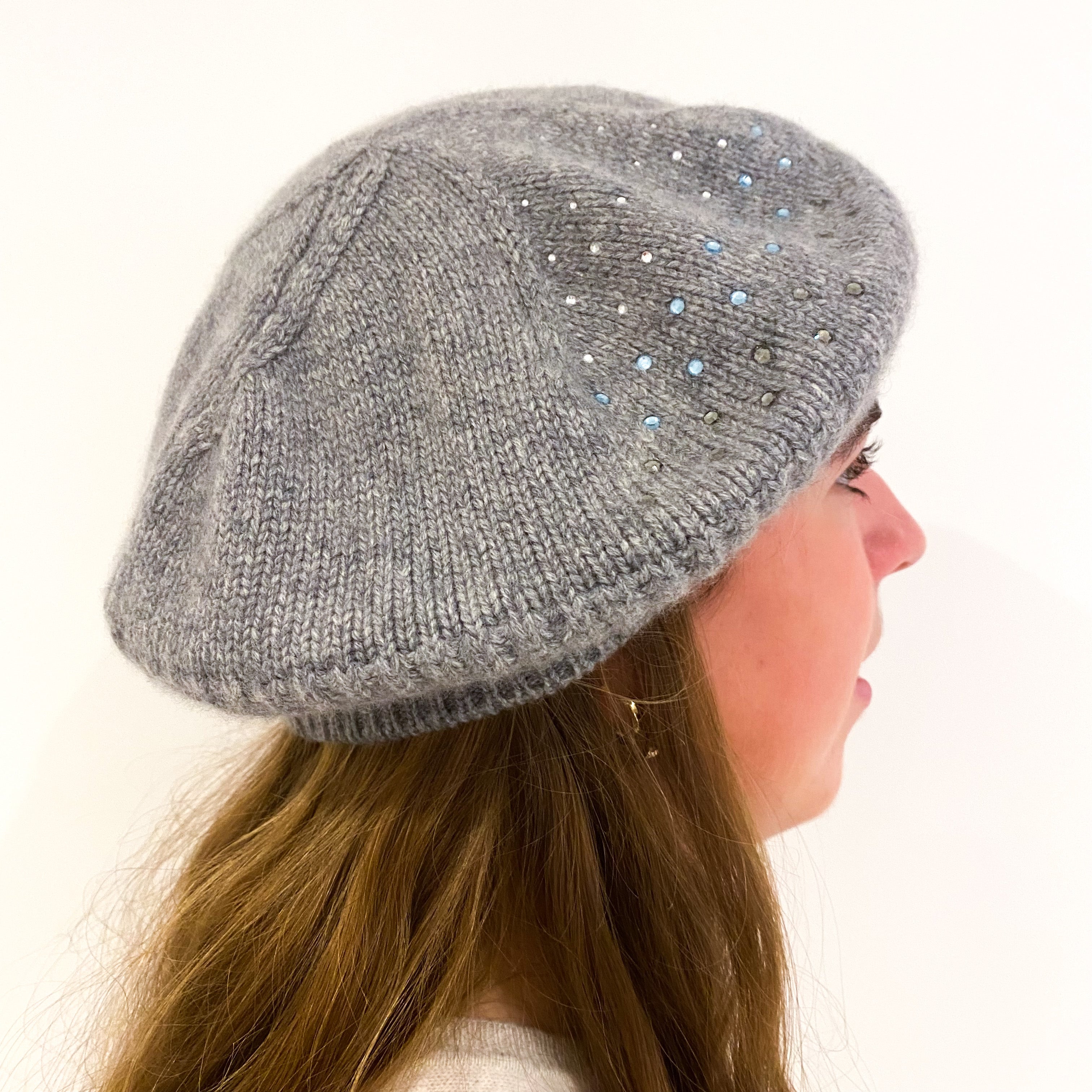 New Scottish Ash Grey Diamanté Beret Hat One Size