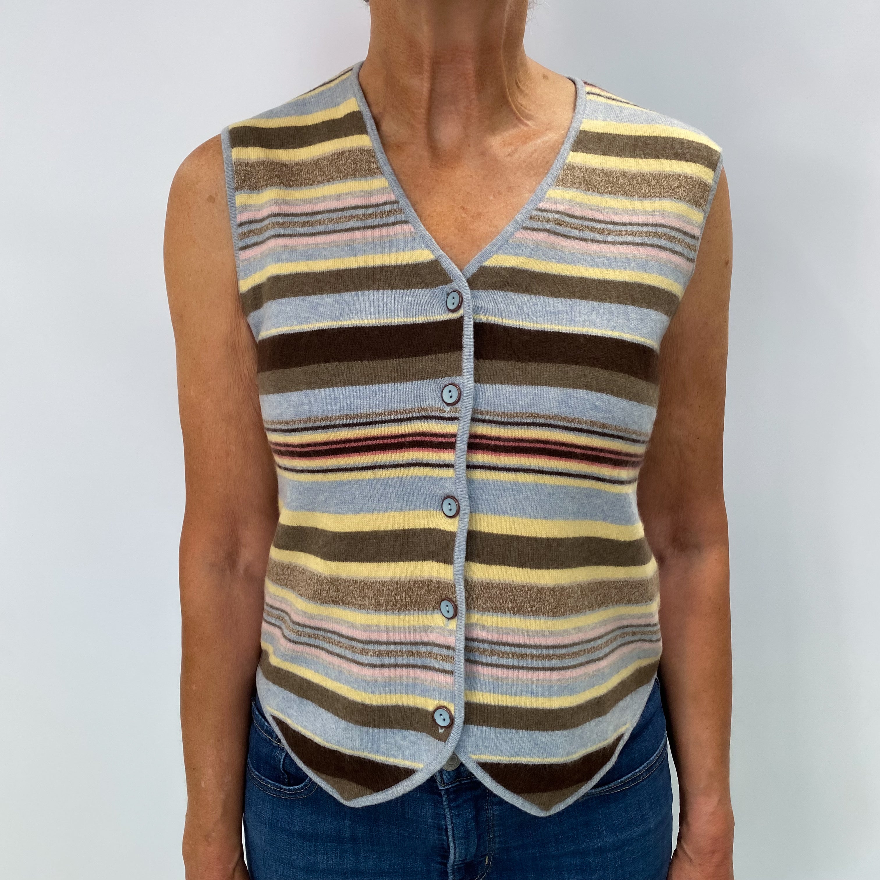 Blue Striped Cashmere V Neck Knitted Waistcoat Medium