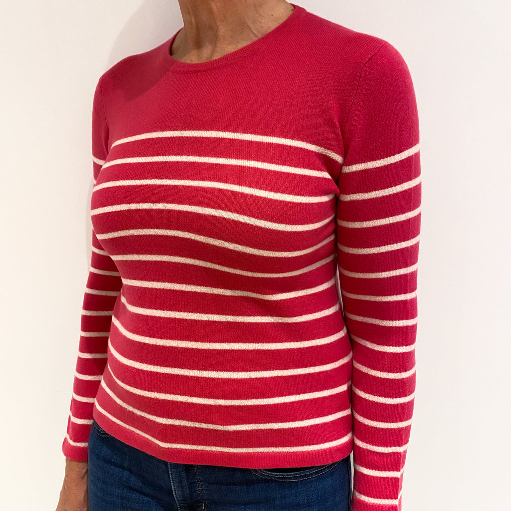 Rose Pink and Winter White Striped Cashmere Crew Neck Jumper Medium