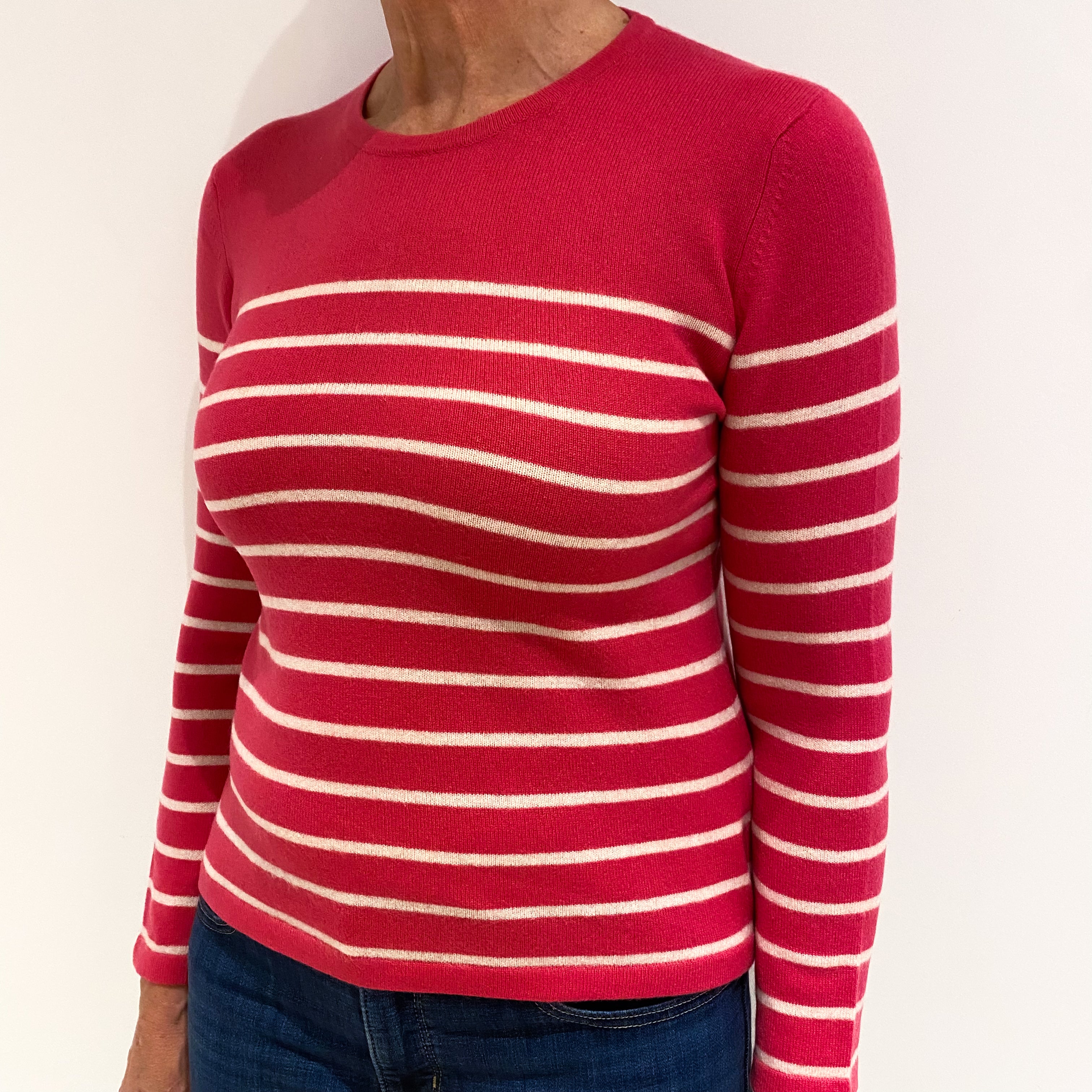 Rose Pink and Winter White Striped Cashmere Crew Neck Jumper Medium