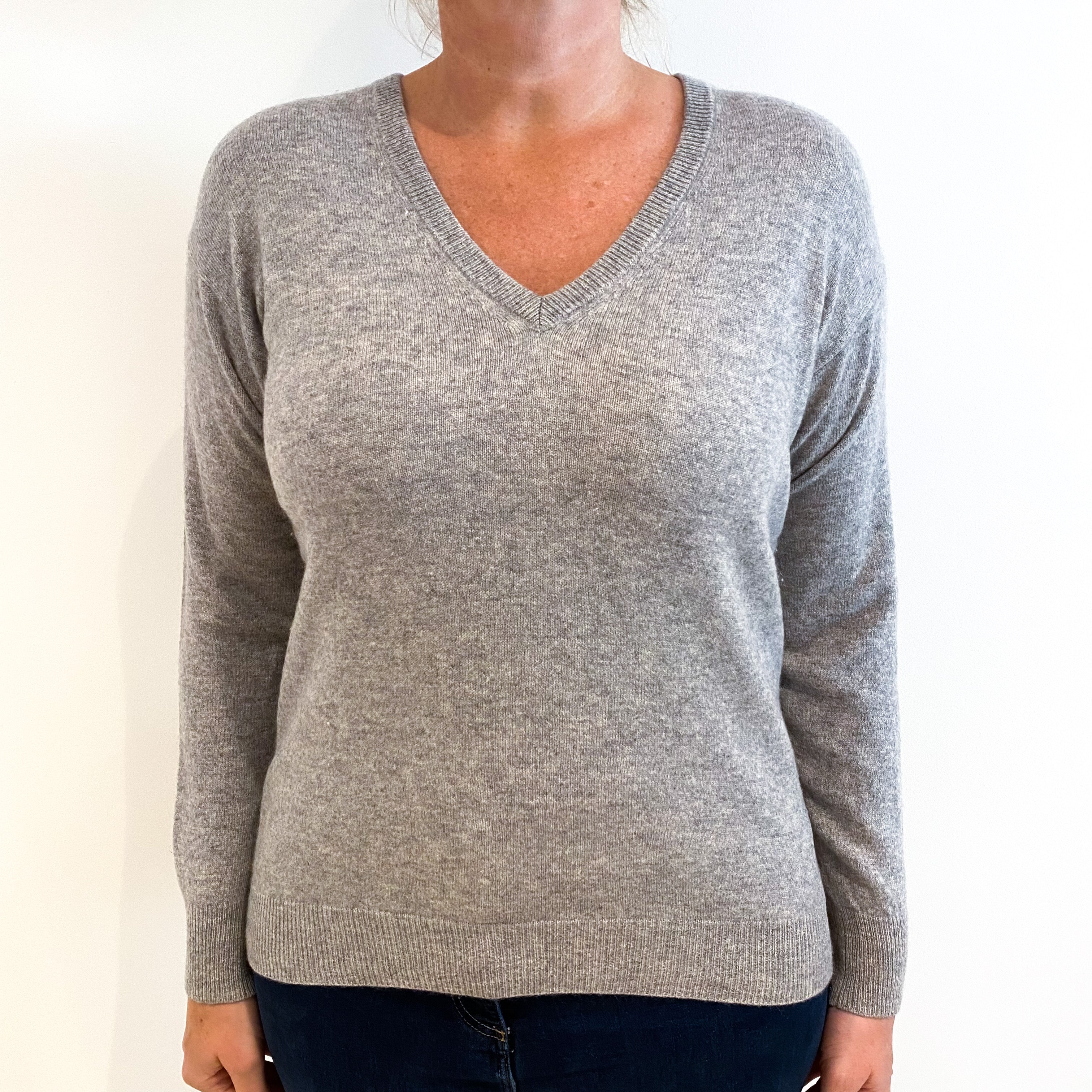 Smoke Grey Cashmere V-Neck Jumper Large