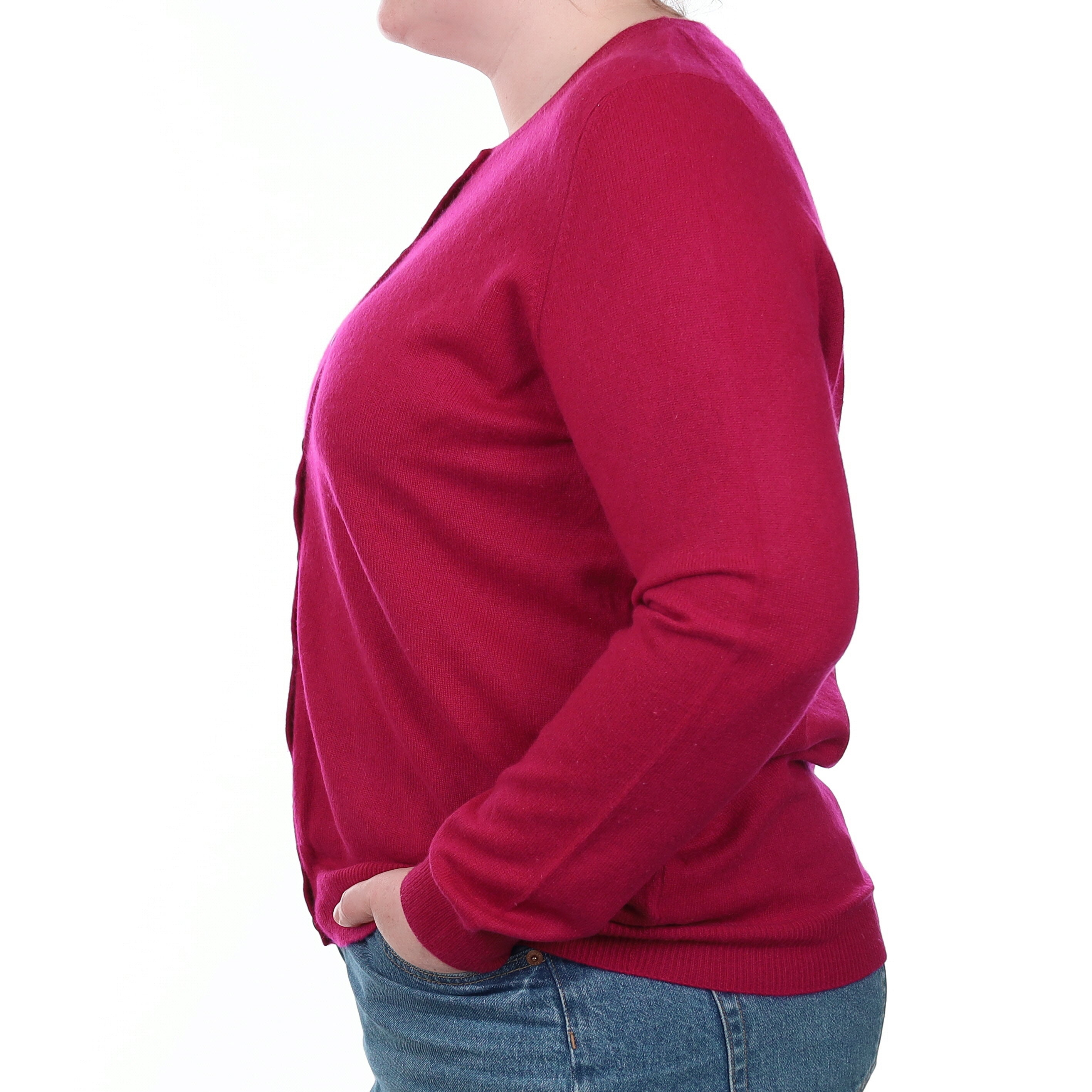 Deep Cherry Pink Cashmere Crew Neck Cardigan Large