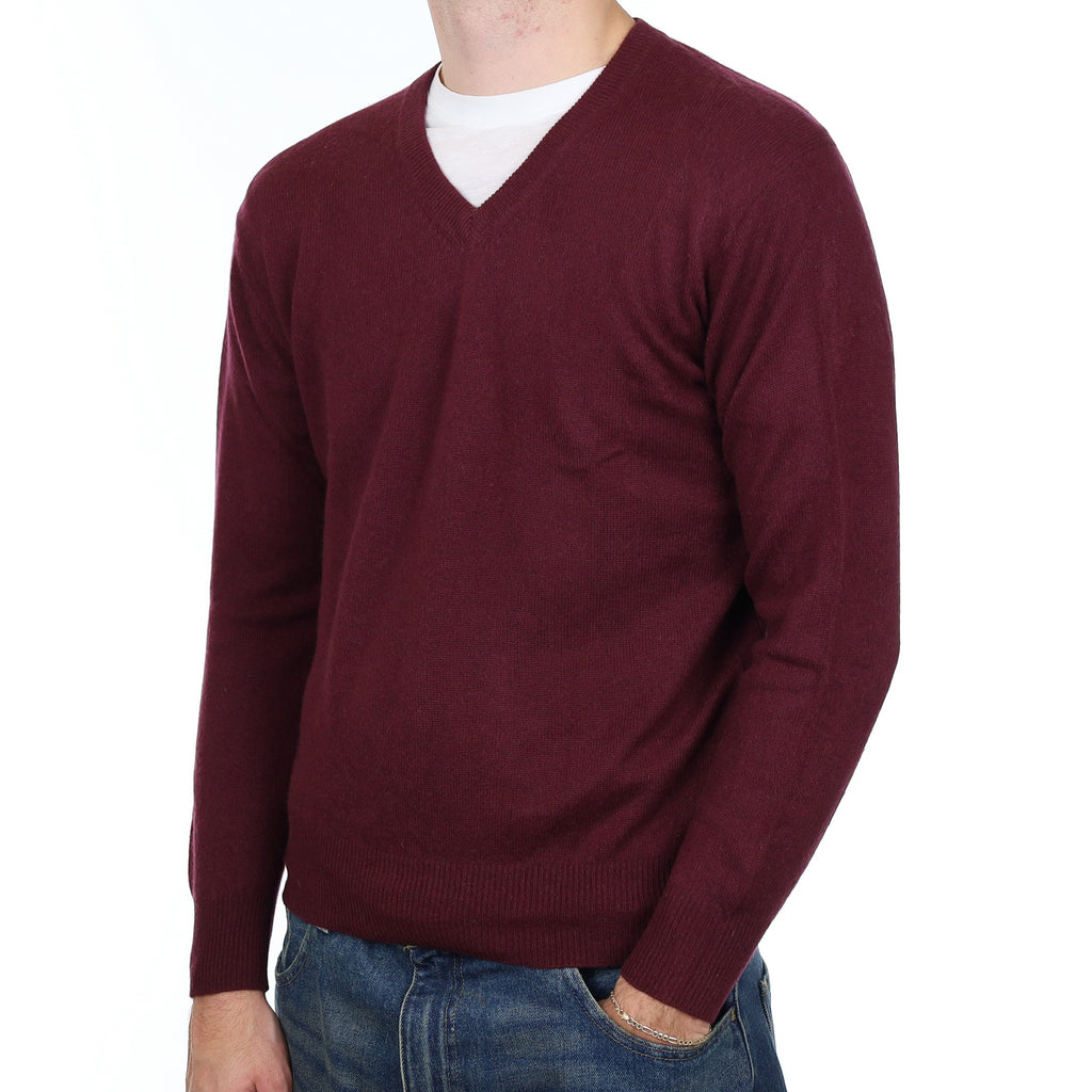 Men’s Wine Red Cashmere V Neck Jumper Medium