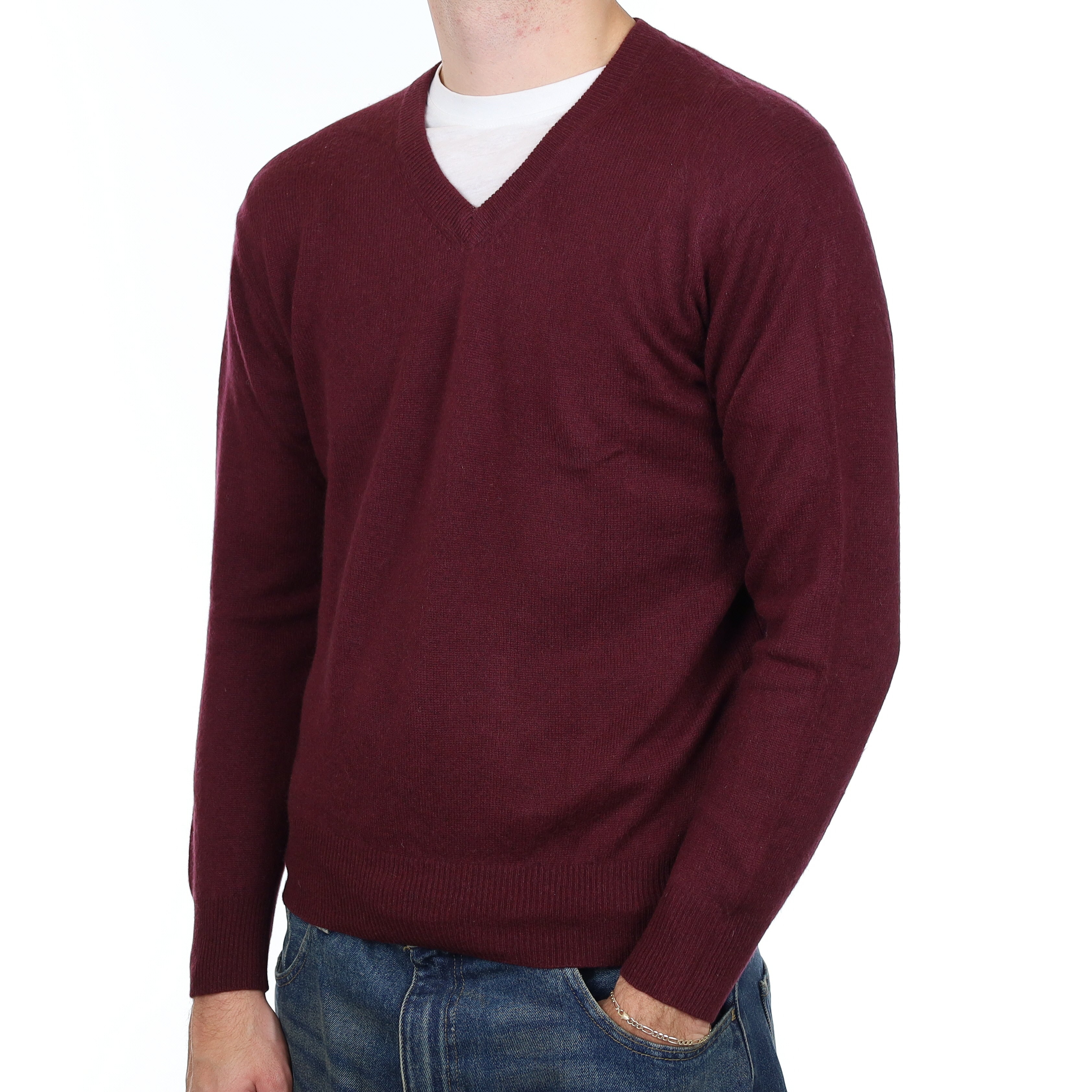Men’s Wine Red Cashmere V Neck Jumper Medium