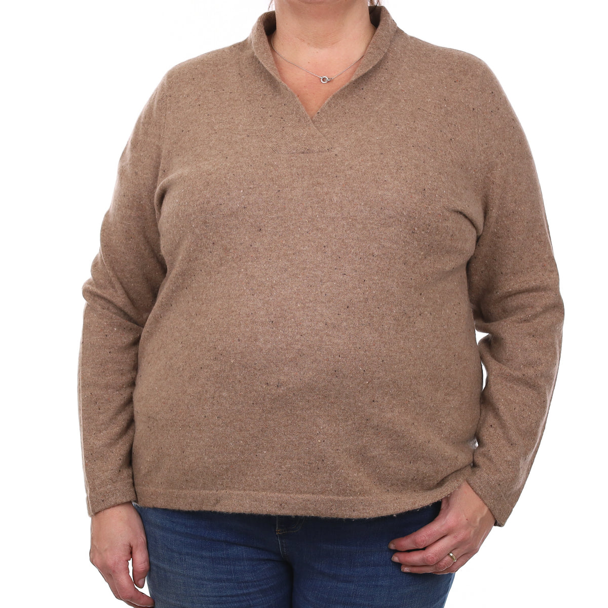 Taupe Brown Flecked Cashmere V Neck Jumper with Collar XXL