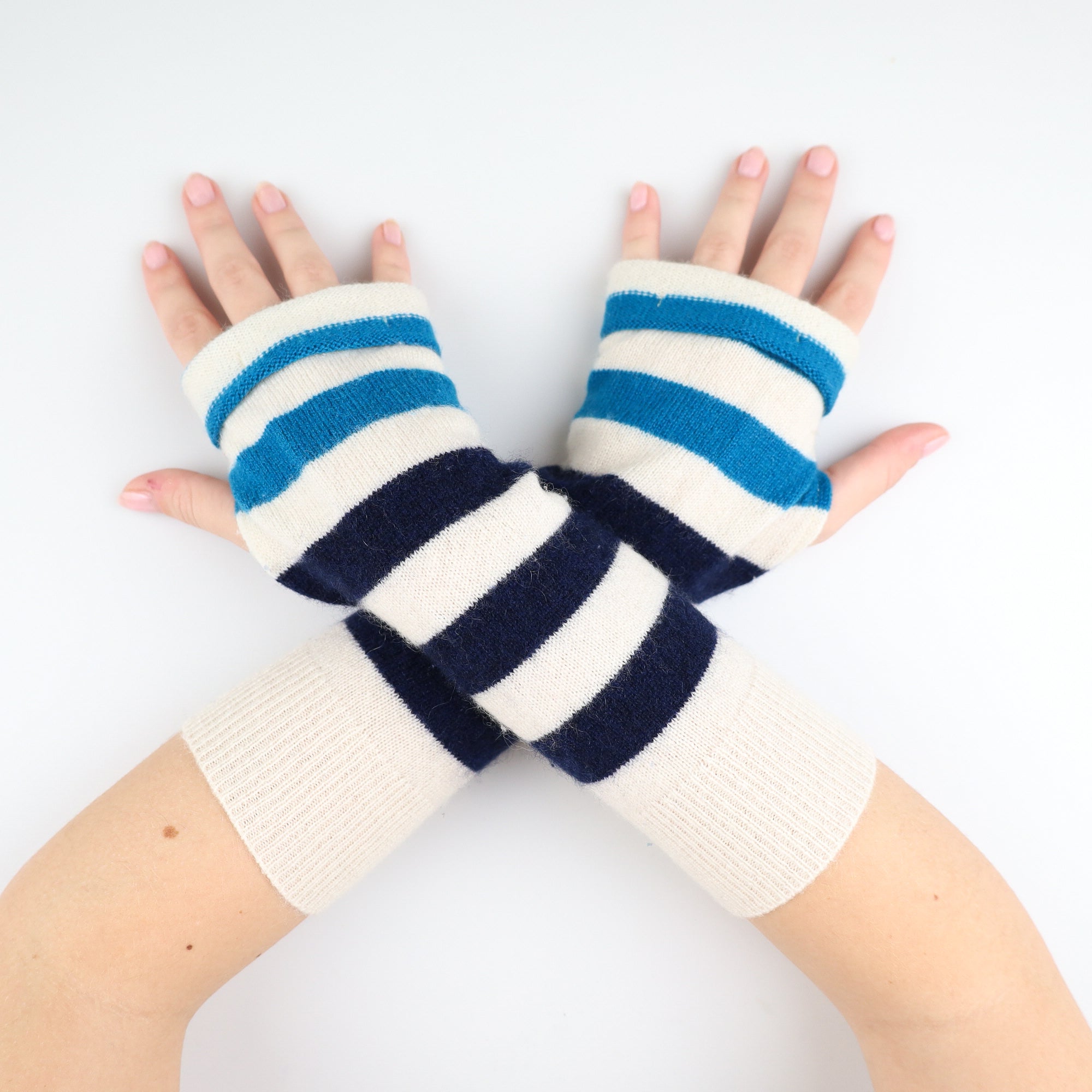 Blue Cream and Navy Striped Fingerless Gloves
