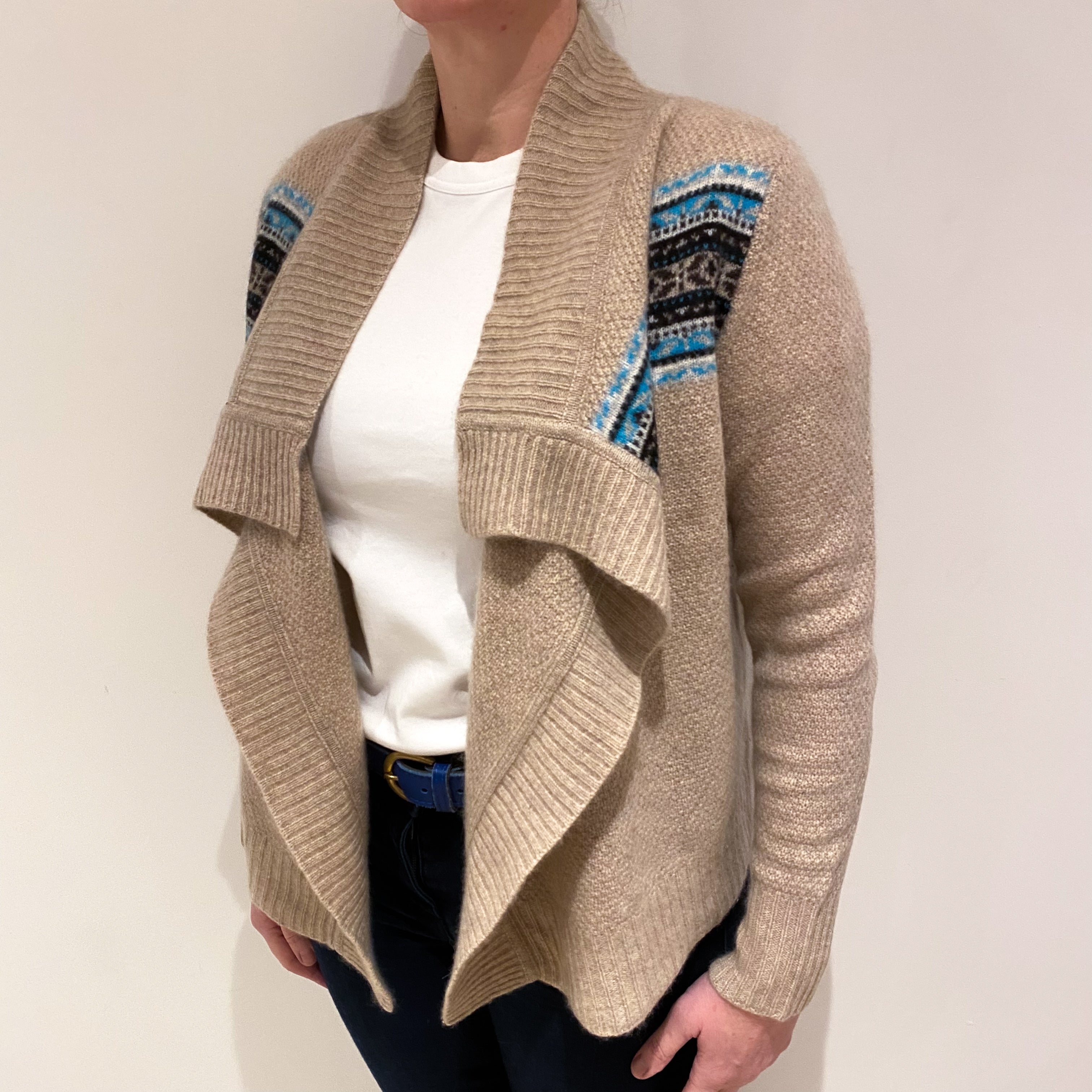 Fawn Fair Isle Cashmere Waterfall Cardigan Large