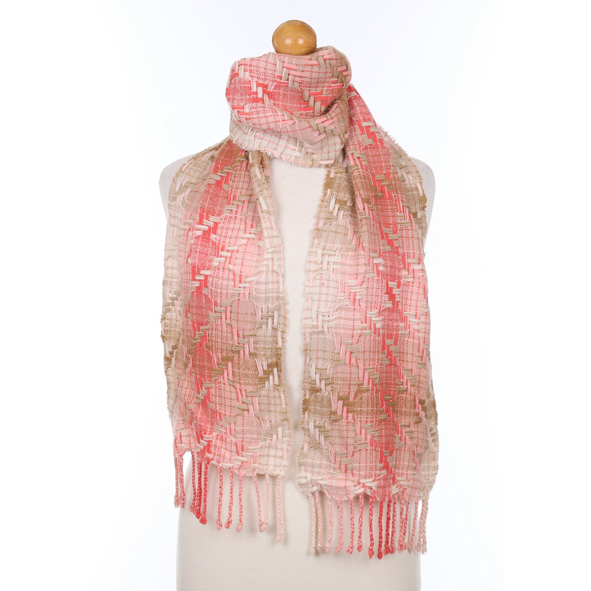 Pink And Cream Cashmere Textured Knit Scarf