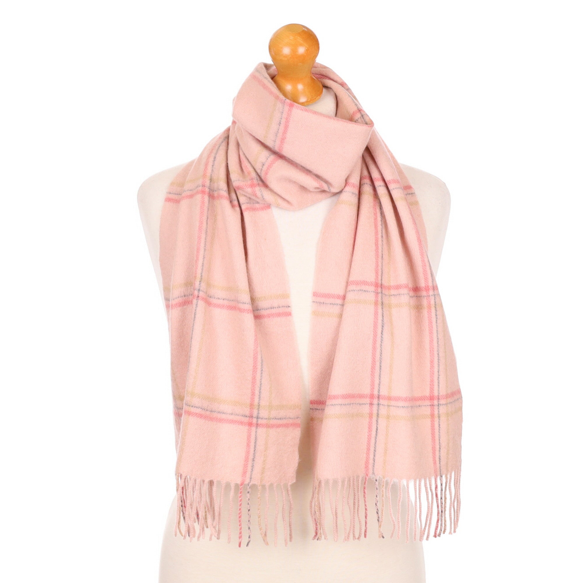 Ice Pink Checked Fringed Cashmere Woven Scarf