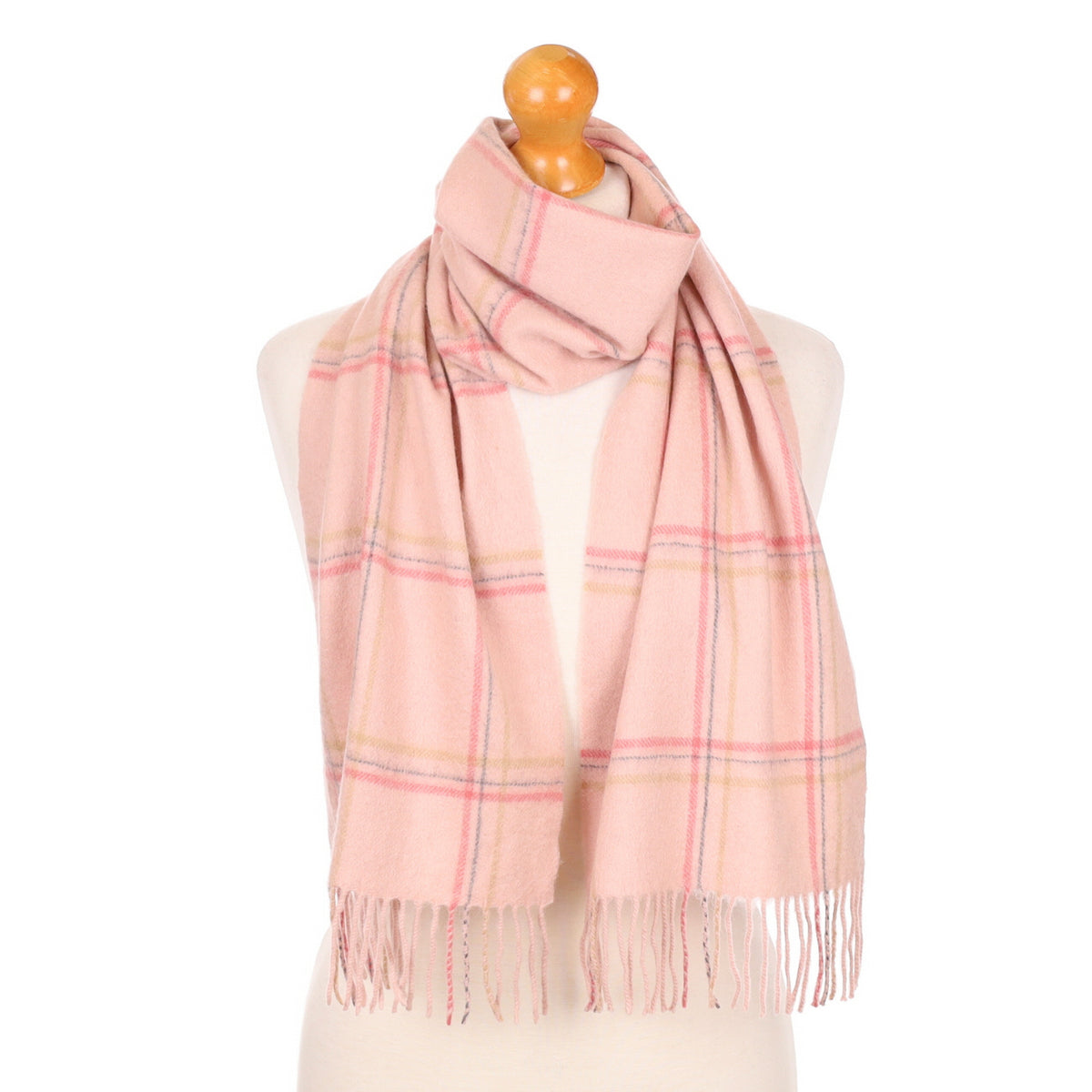 Ice Pink Checked Fringed Cashmere Woven Scarf