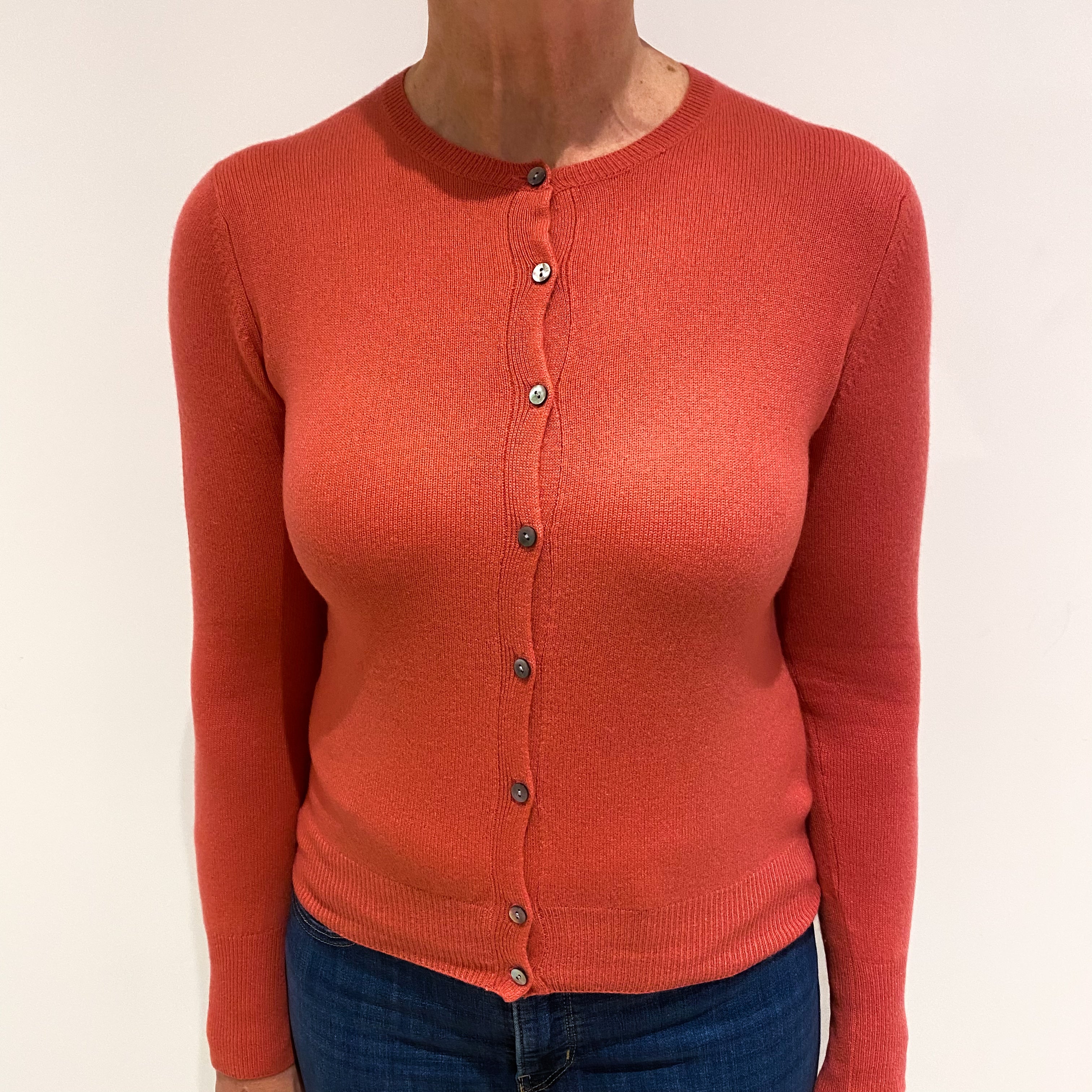 Deep Salmon Pink Cashmere Crew Neck Cardigan Medium