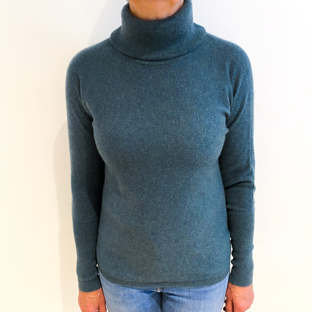 Deep Sea Green Cashmere Polo Neck Jumper Medium
