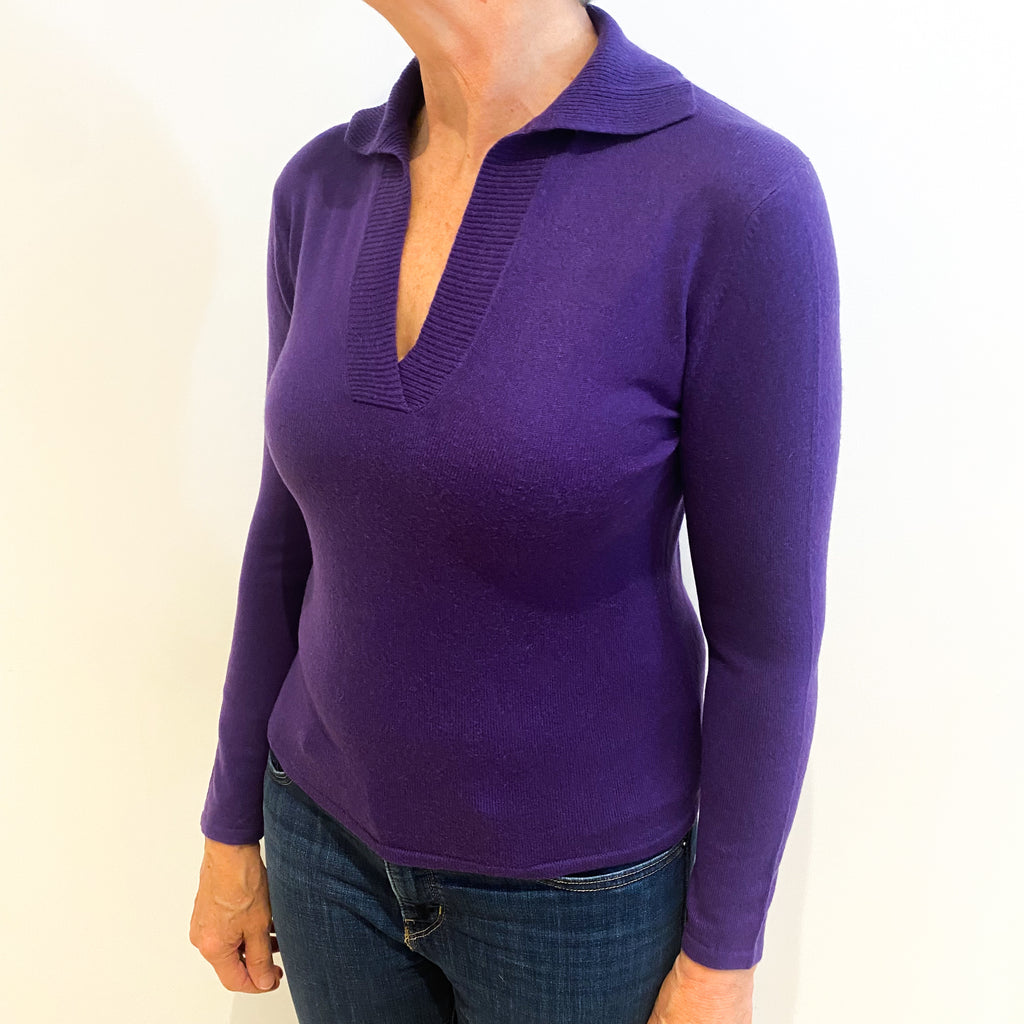 Pansy Purple Cashmere Collared V Neck Jumper Medium