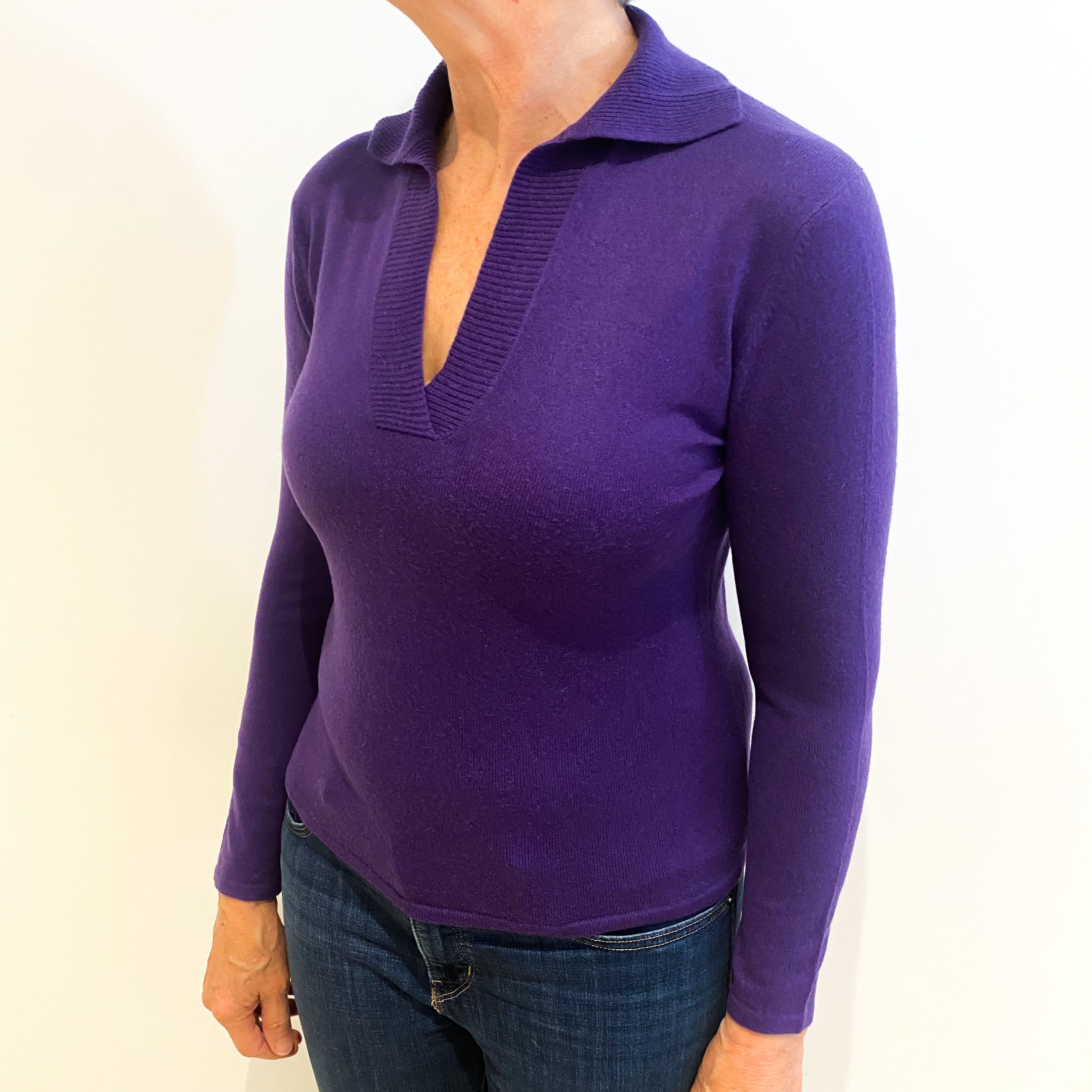 Pansy Purple Cashmere Collared V Neck Jumper Medium