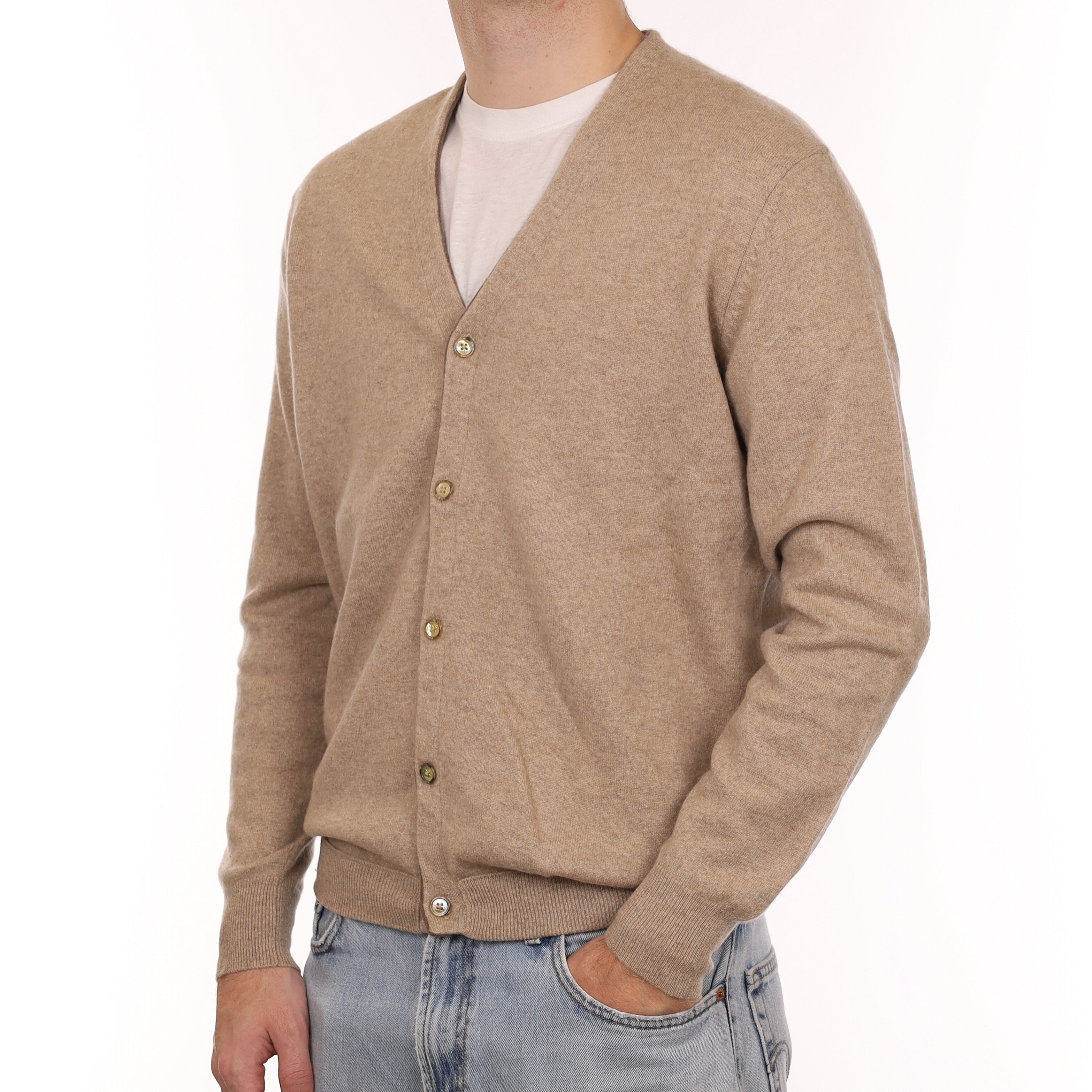 Men's Fawn Cashmere V Neck Cardigan Large
