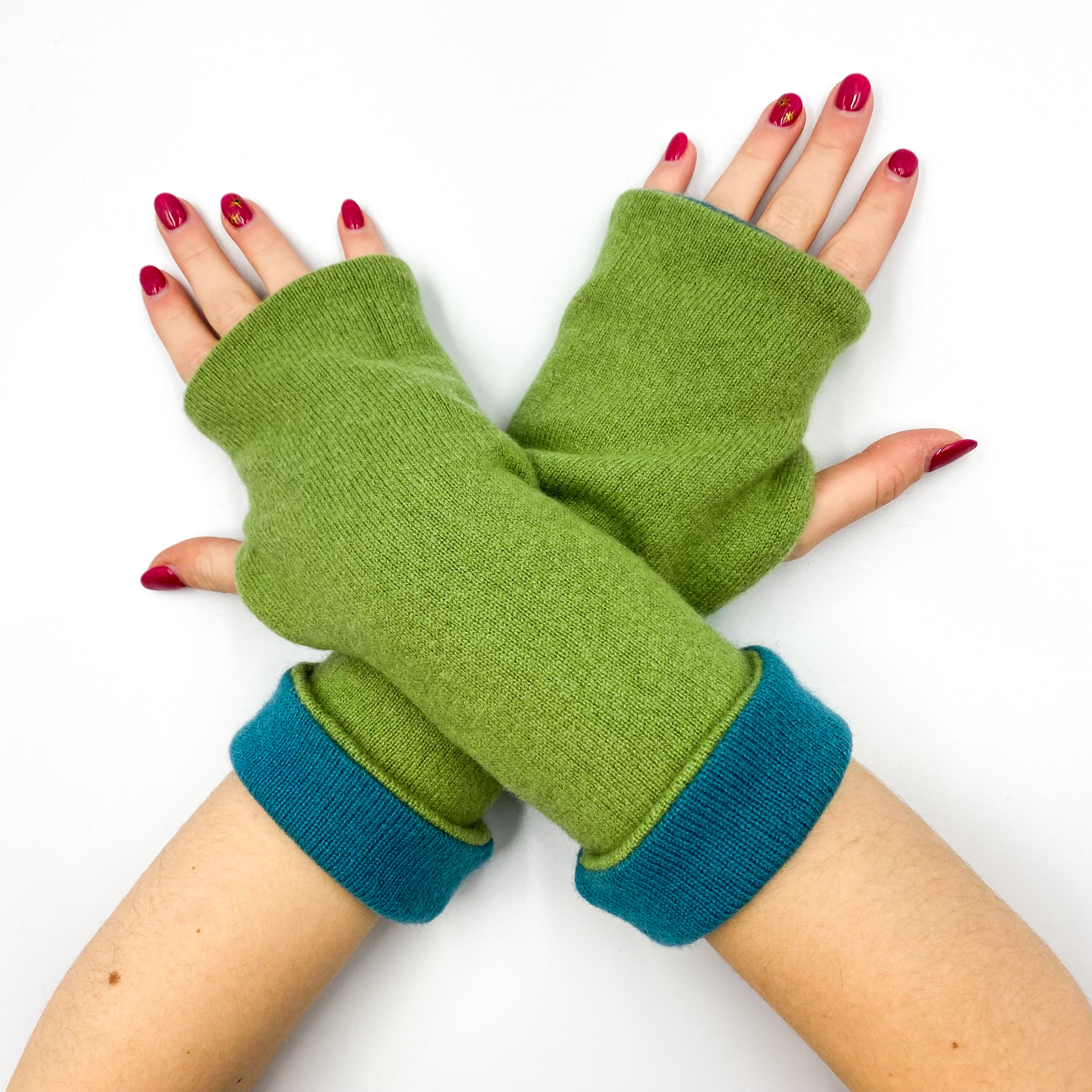 Teal and Pear Green Luxury Reversible Cashmere Fingerless Gloves