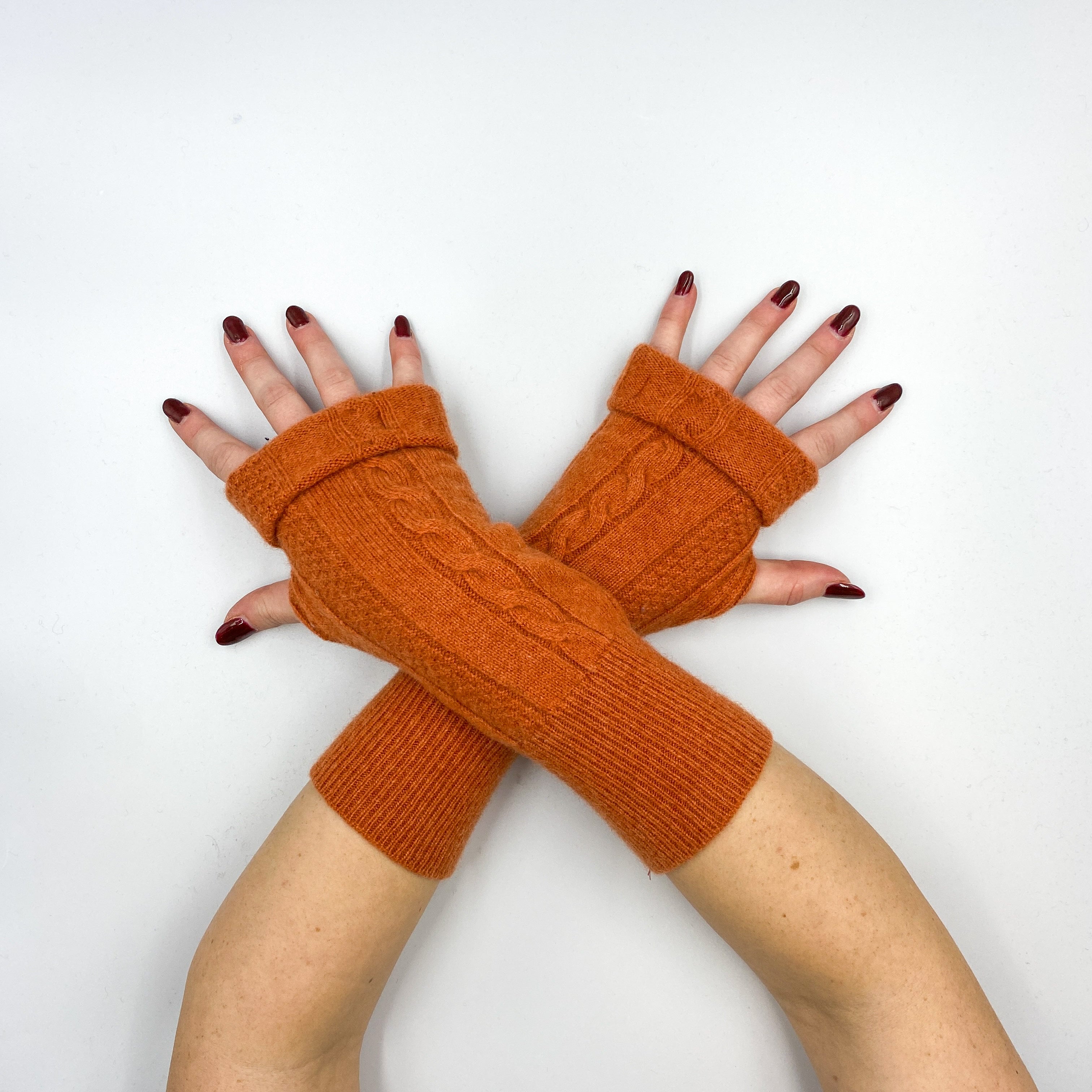 Brick Orange Cable Knit Fingerless Gloves