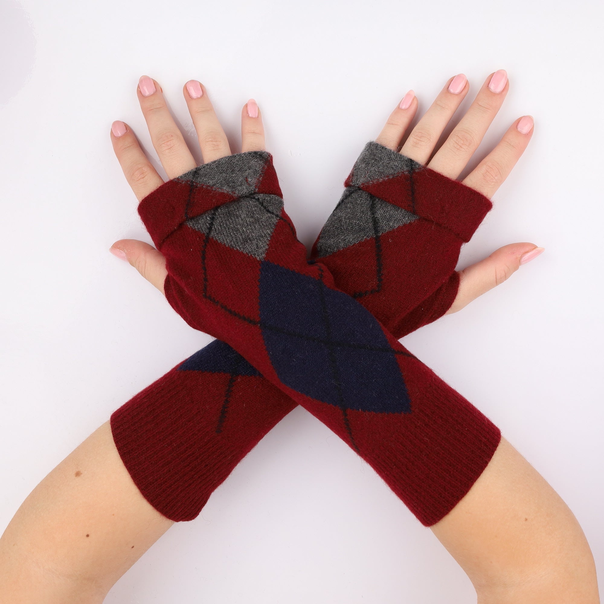Wine Red Argyle Fingerless Gloves