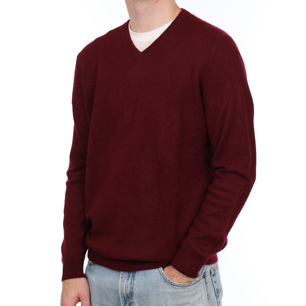 Men's Mulberry Purple Cashmere V Neck Jumper Large