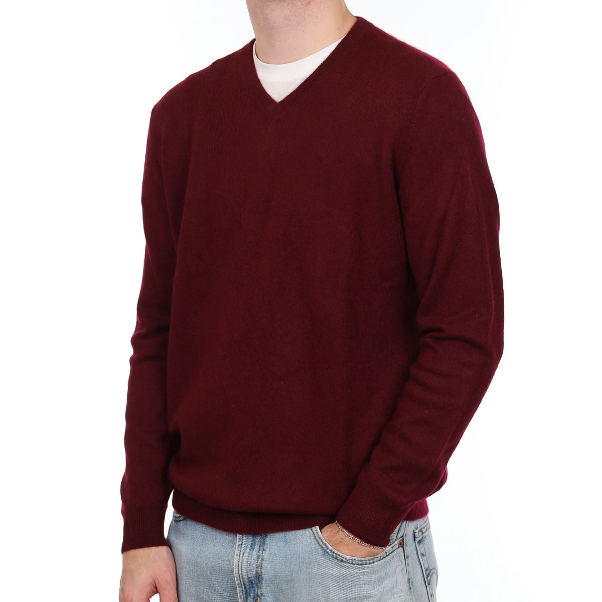 Men's Mulberry Purple Cashmere V Neck Jumper Large