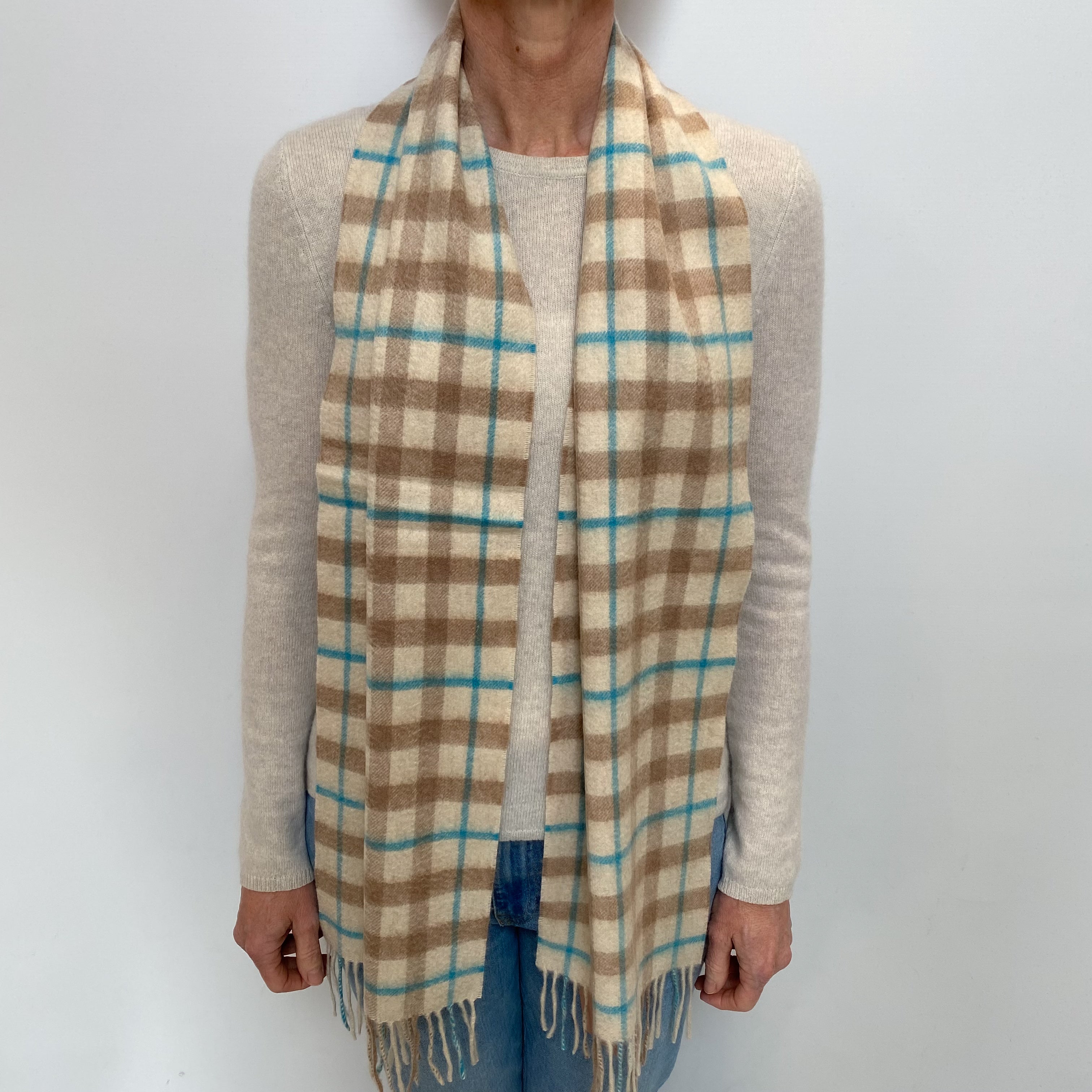 Biscuit and Turquoise Checked Cashmere Woven Fringed Scarf