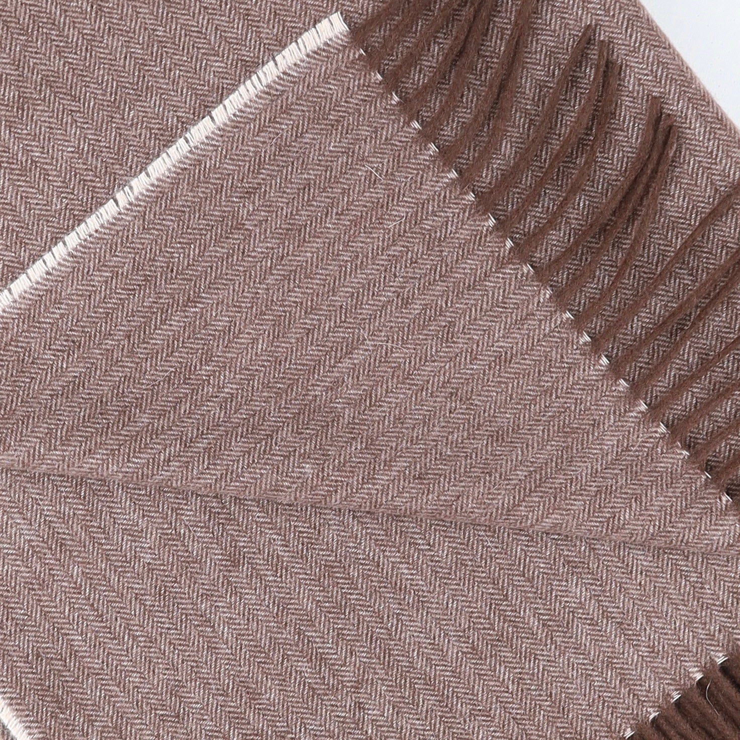 Brand New English Chocolate Brown and Oatmeal Herringbone Luxury Woven Cashmere Blanket