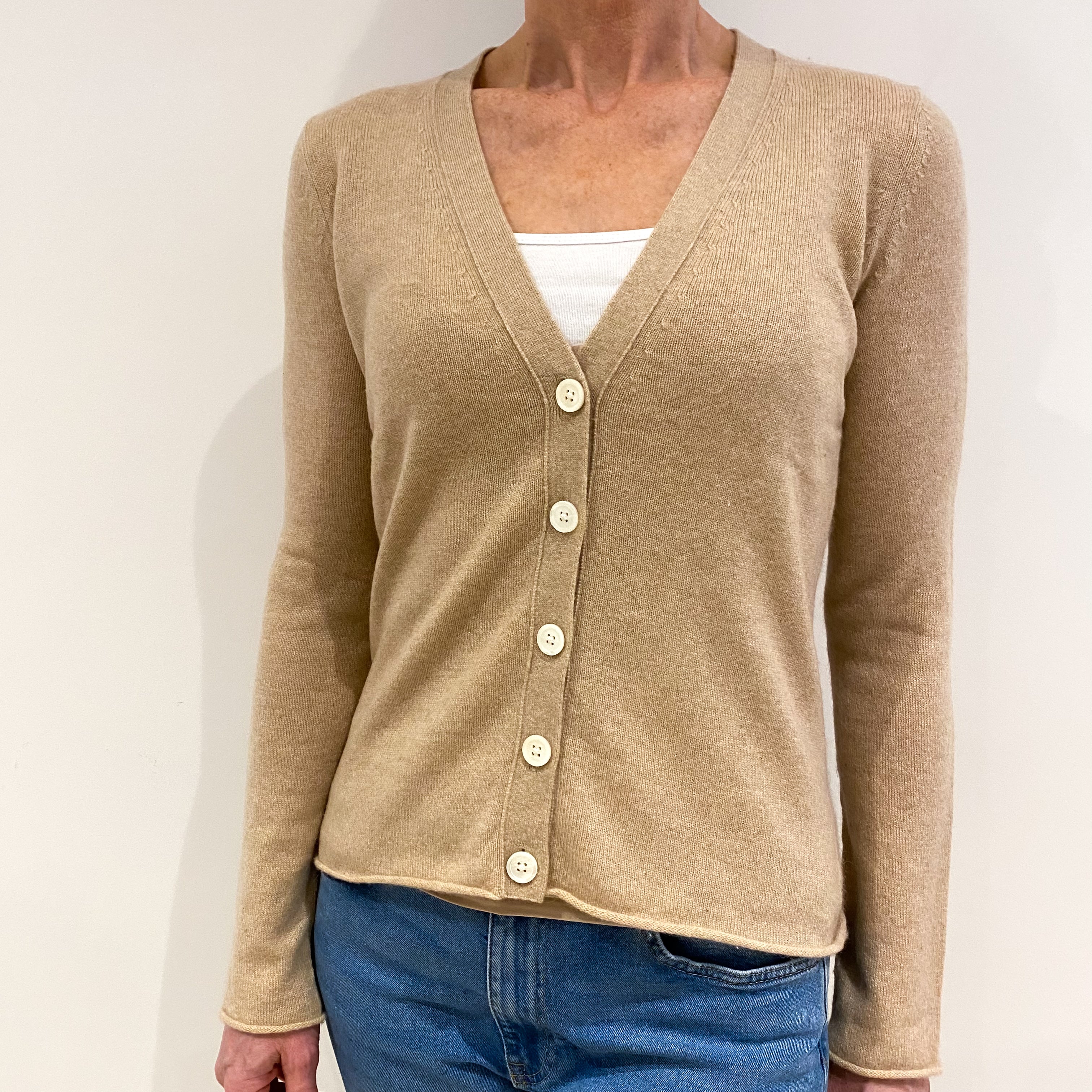 Buff Beige Cashmere V Neck Cardigan with Rolled Edges Small