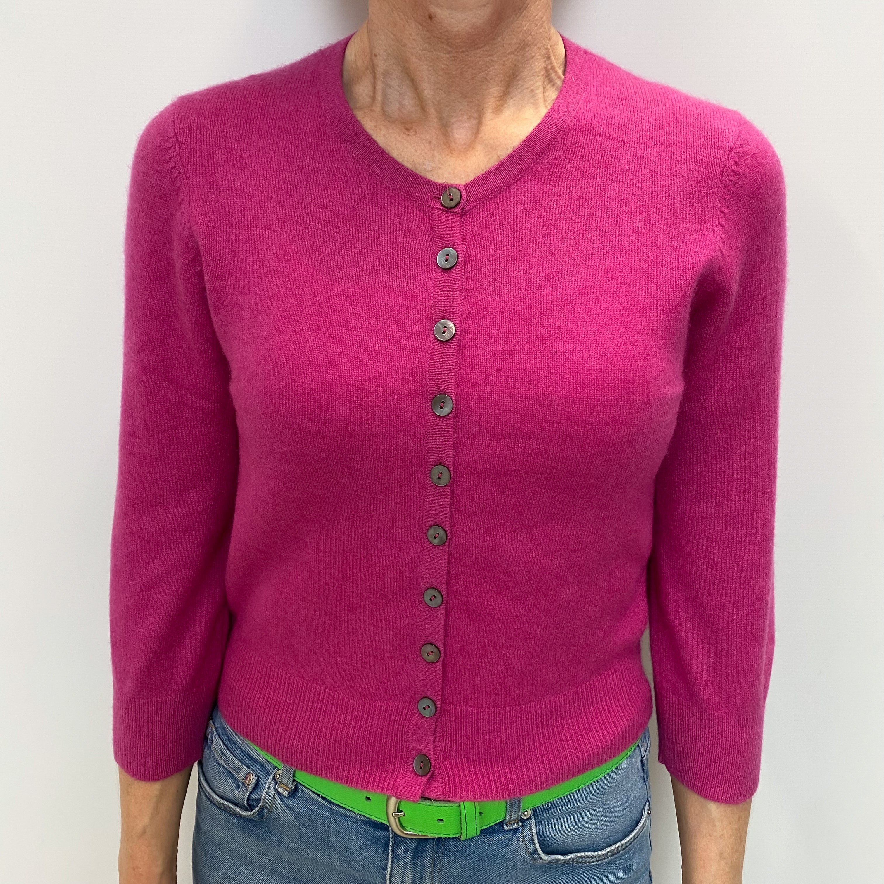 Fuchsia Pink Cashmere Crew Neck Cardigan Small