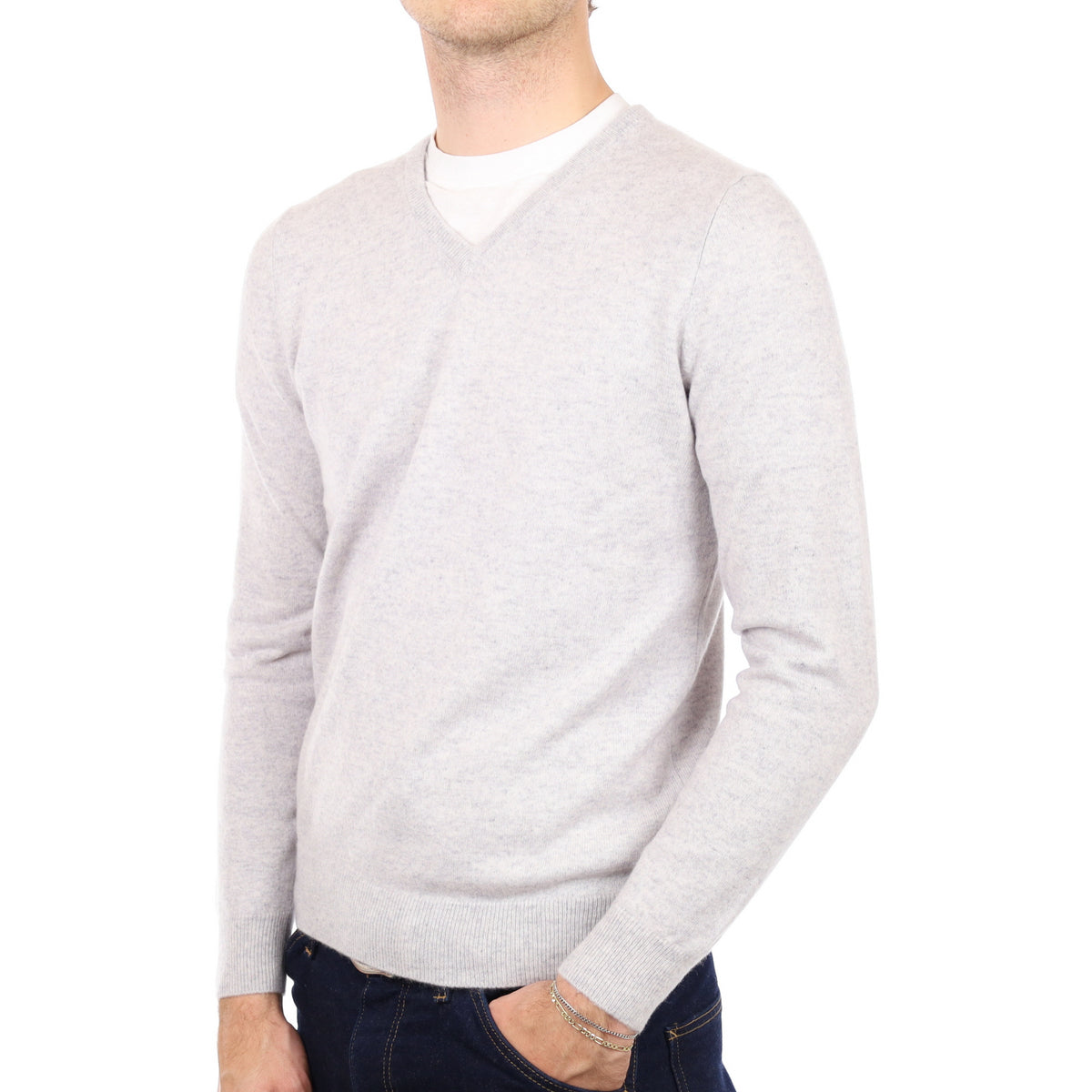 Men's Mist Grey Cashmere V Neck Jumper Medium