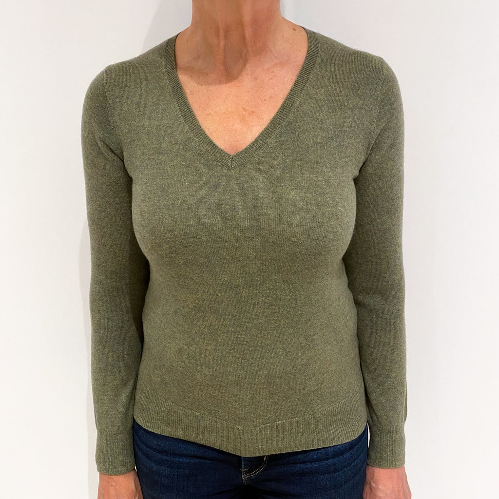 Olive Green Cashmere V Neck Jumper Medium