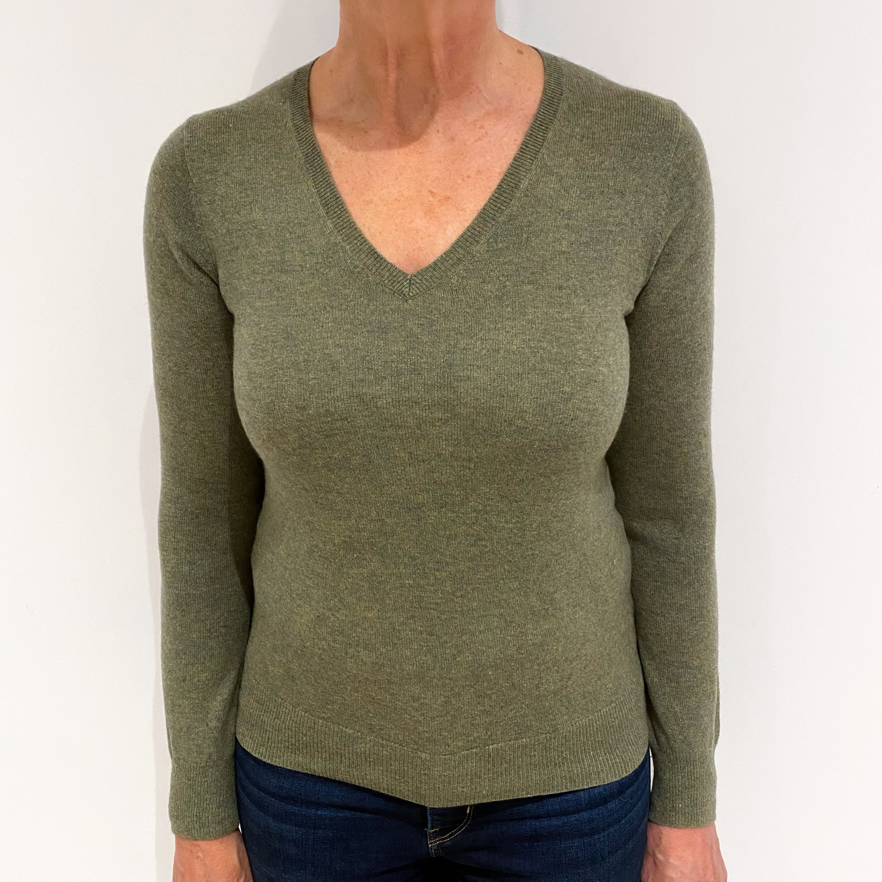 Olive Green Cashmere V Neck Jumper Medium