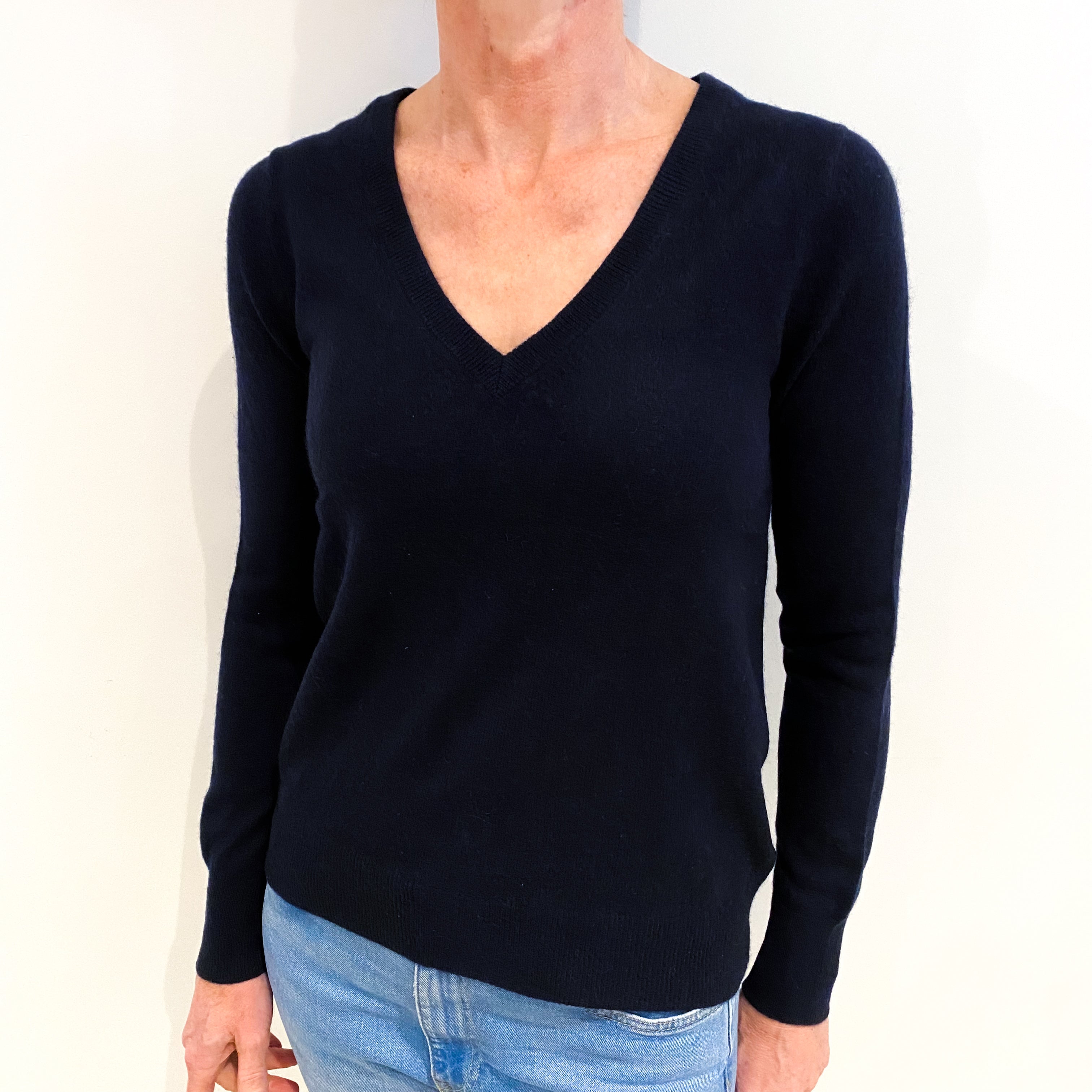 Navy Blue Cashmere V Neck Jumper Small
