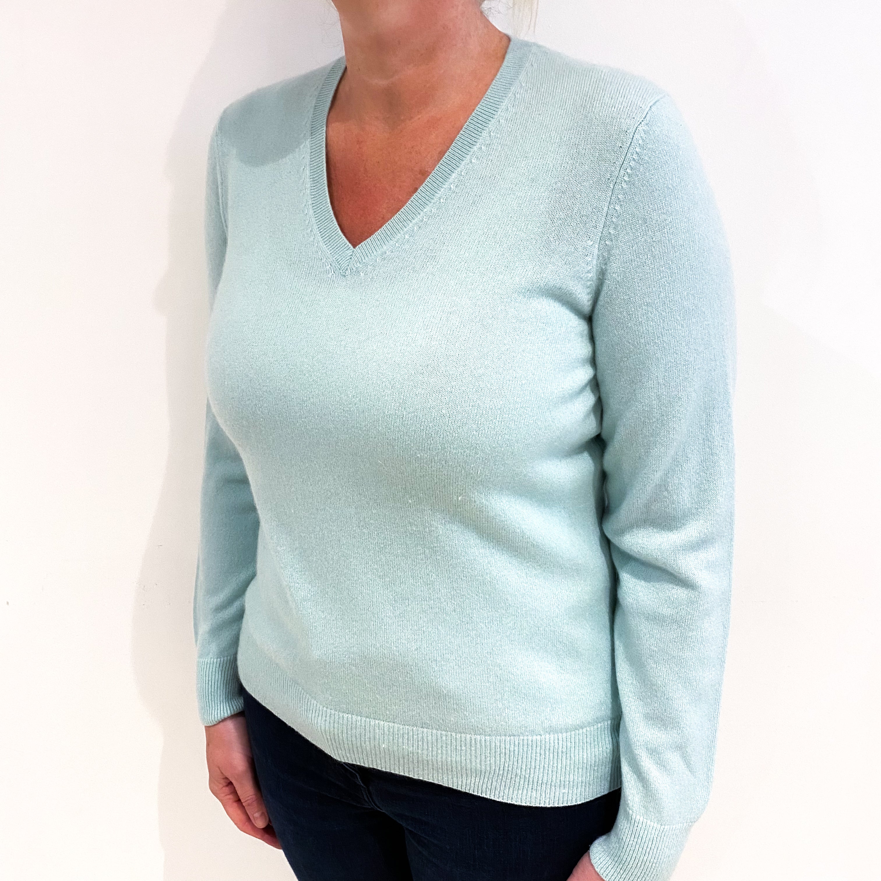 Mint Green Cashmere V Neck Jumper Large