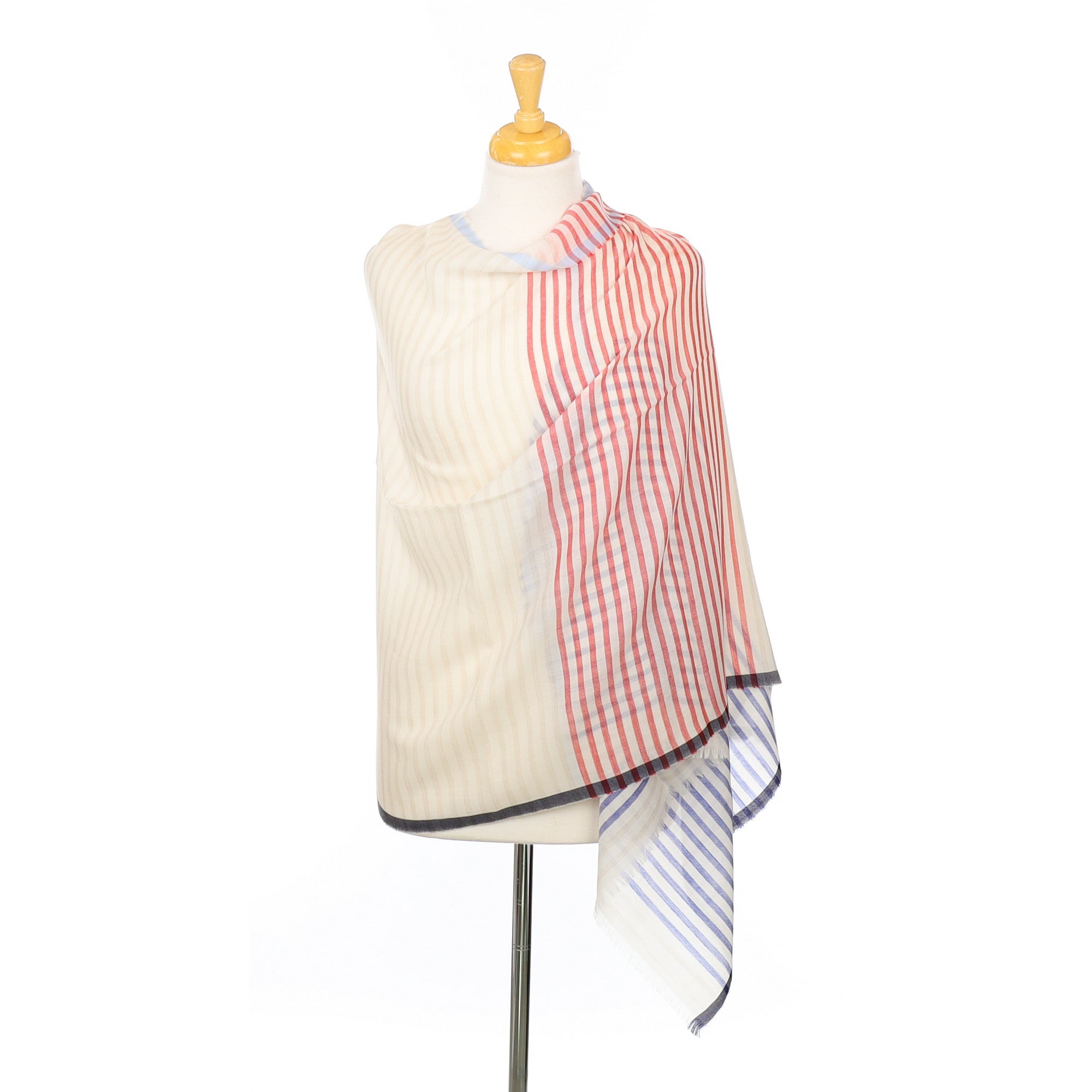 Scottish Begg & Co Cream Red and Blue Stripe Fine Woven Cashmere Wrap