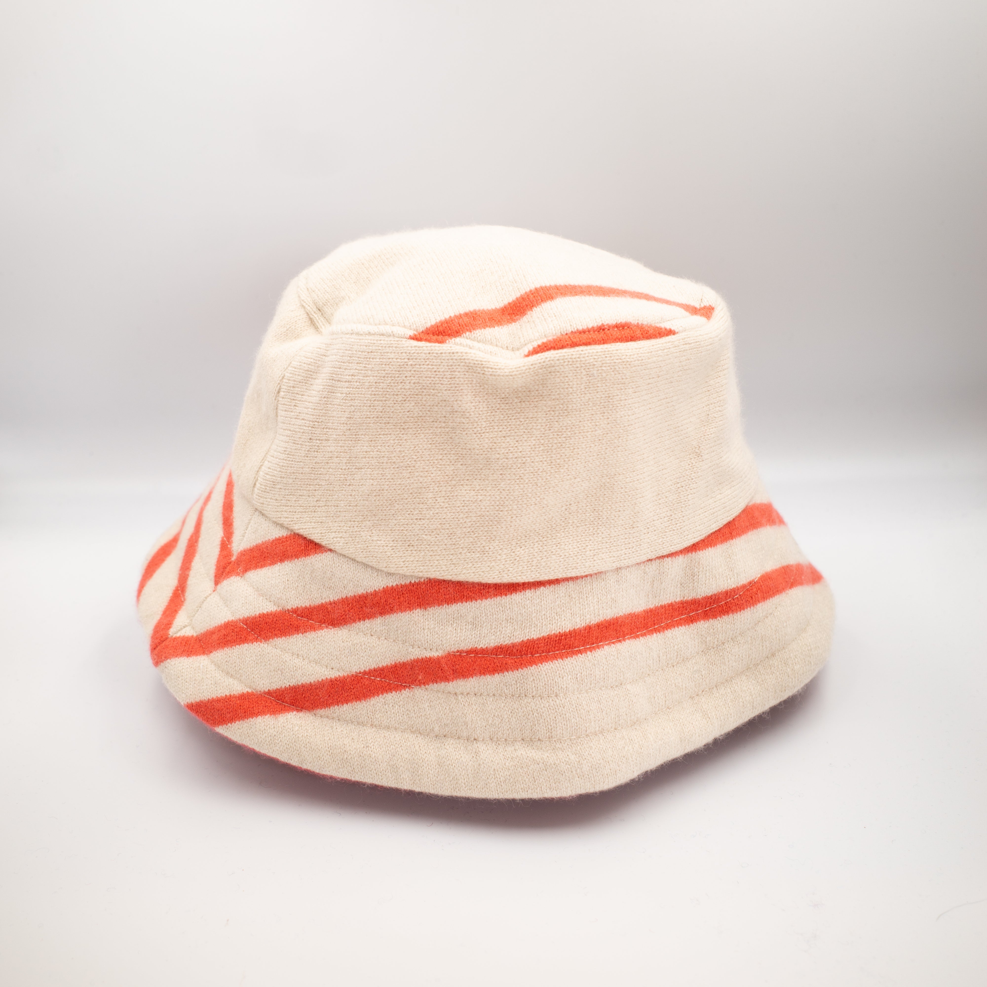 Cream and Orange Striped Reversible Cashmere Bucket Hat Medium