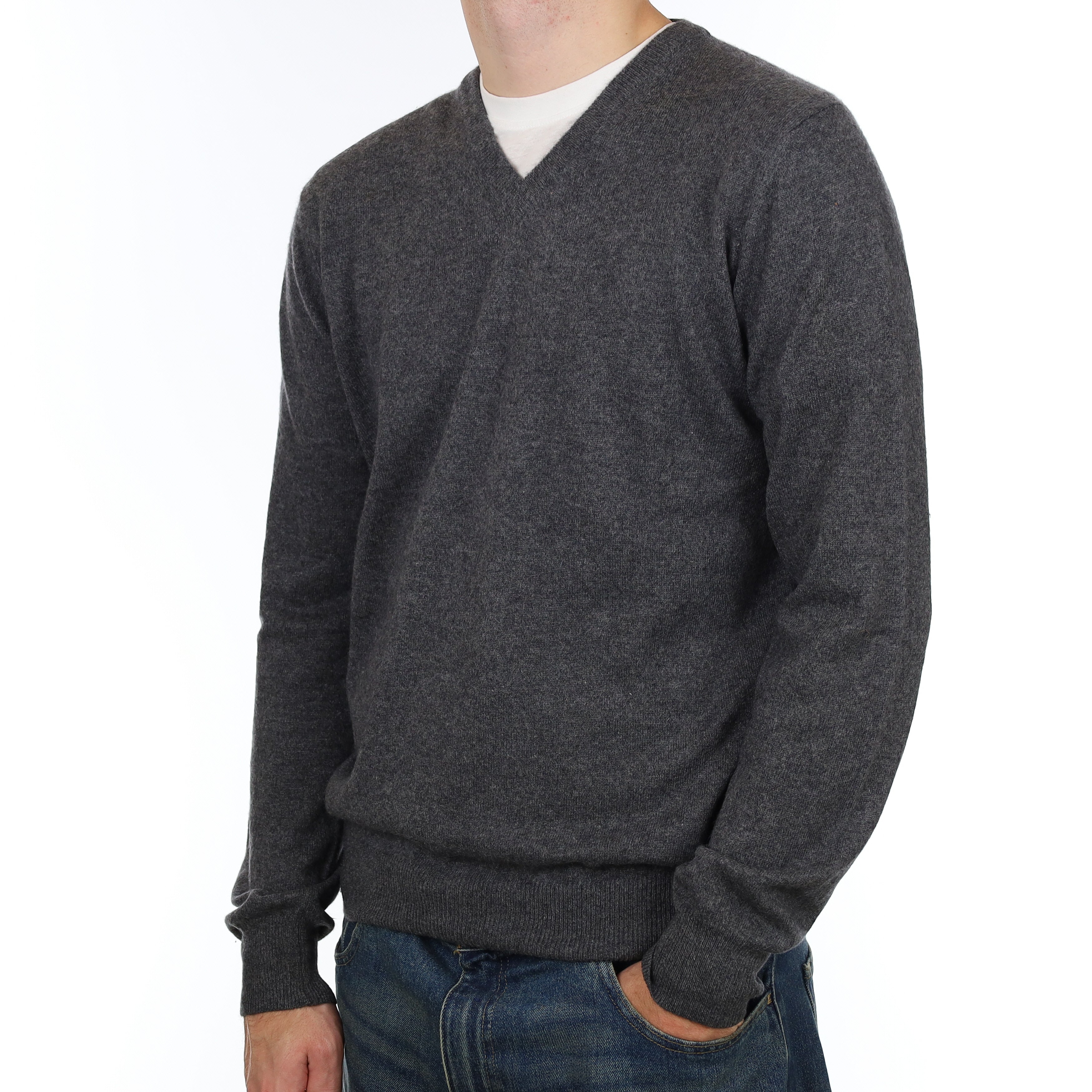 Men’s Slate Grey Cashmere V Neck Jumper Large