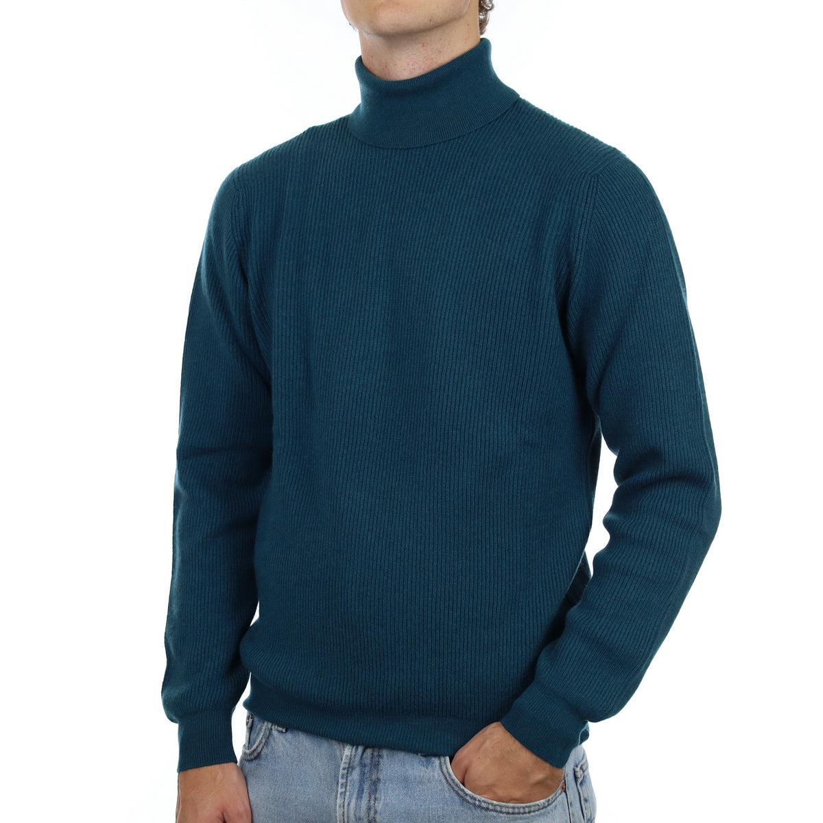 Men’s Brand New Scottish Teal Green Ribbed Cashmere Polo Neck Jumper Medium